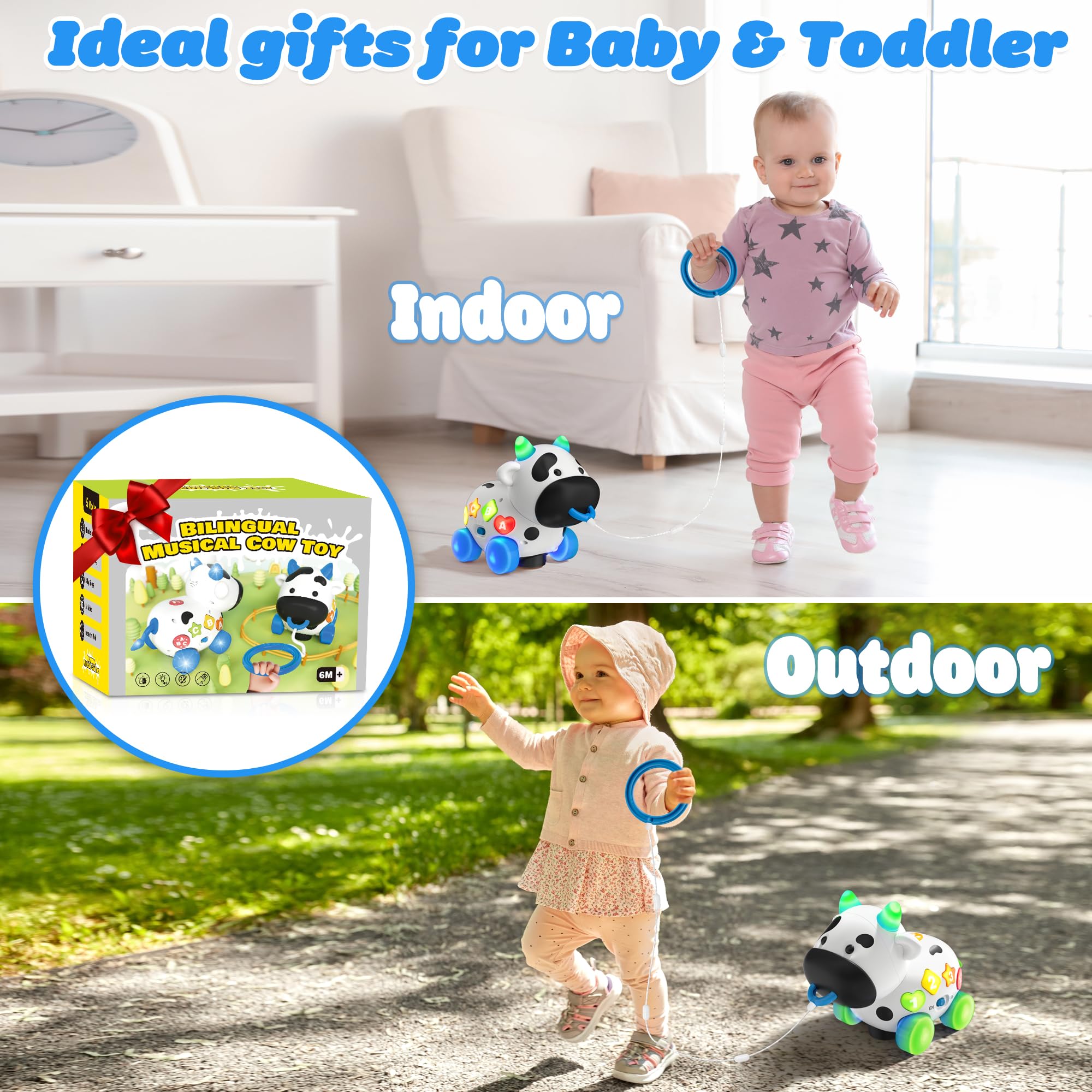 Toddler Toys for 1+ Year Old Boy Girl Gifts, Blingual Musical Cow Baby Toy 6-12-18 Months, Educational Learning Toys for Toddlers 1-3, 1st Birthday