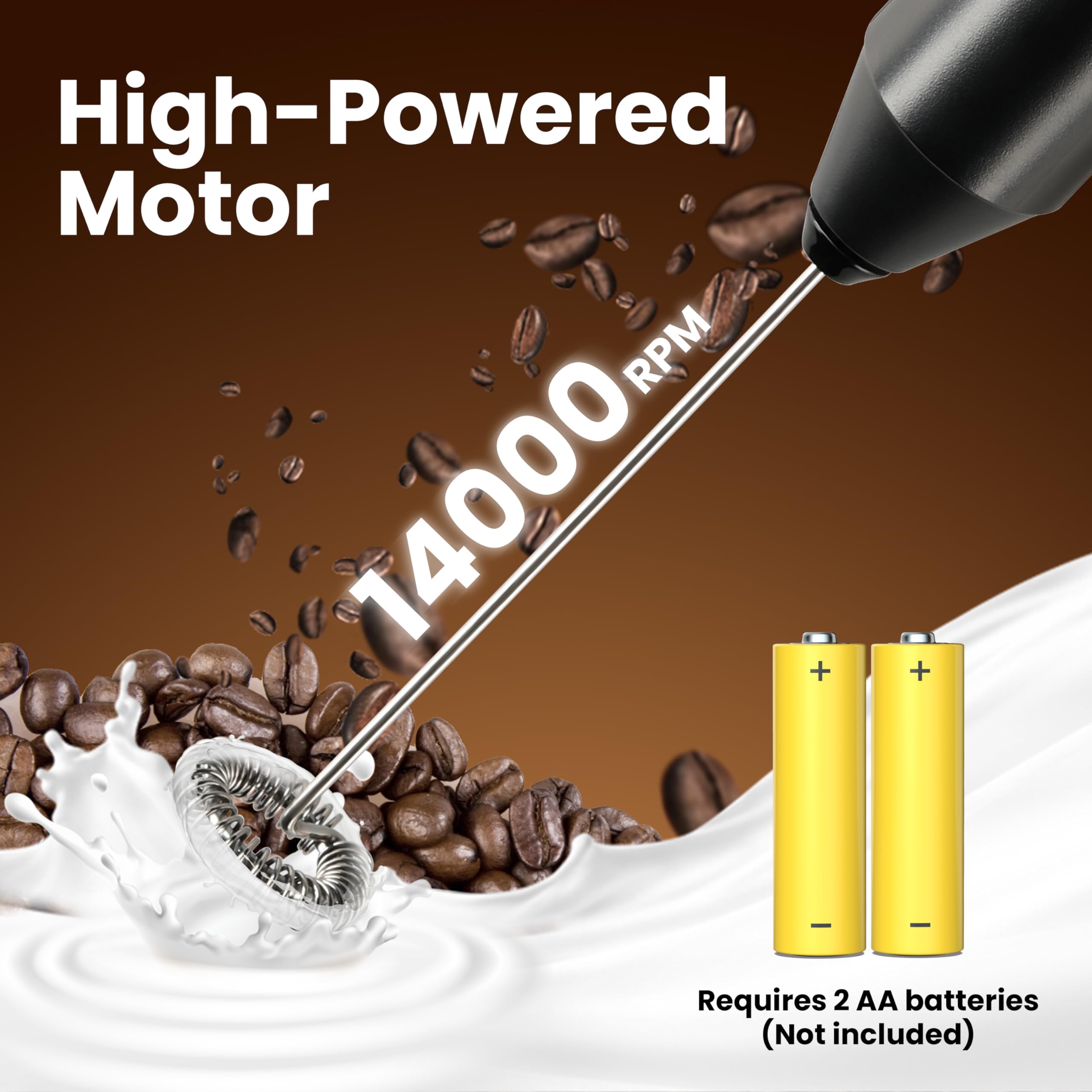 InfiniPower Milk Frother Handheld with Stainless Steel Stand, Battery Operated Whisk Maker Hand Drink Mixer for Lattes, Coffee, Cappuccino, Matcha, Black