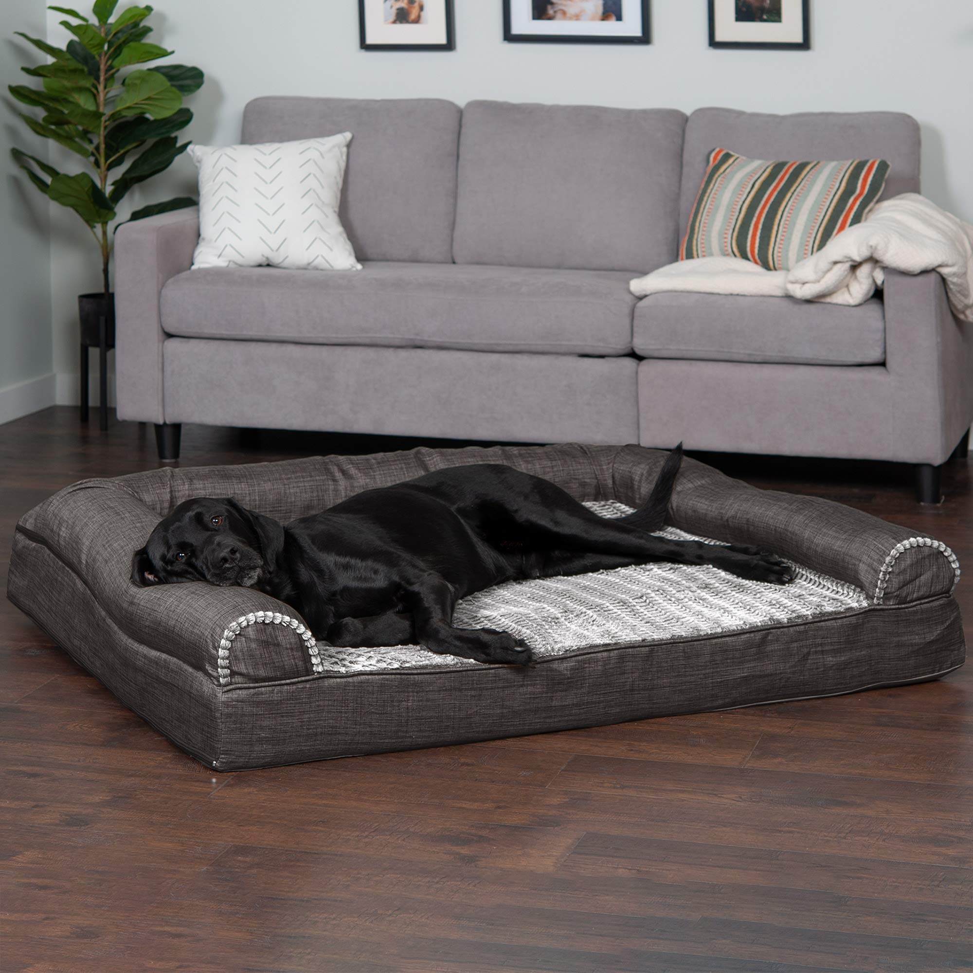 Furhaven Orthopedic Dog Bed for Large Dogs w/ Removable Bolsters & Washable Cover, For Dogs Up to 125 lbs - Luxe Faux Fur & Performance Linen Sofa - Charcoal, Jumbo Plus/XXL