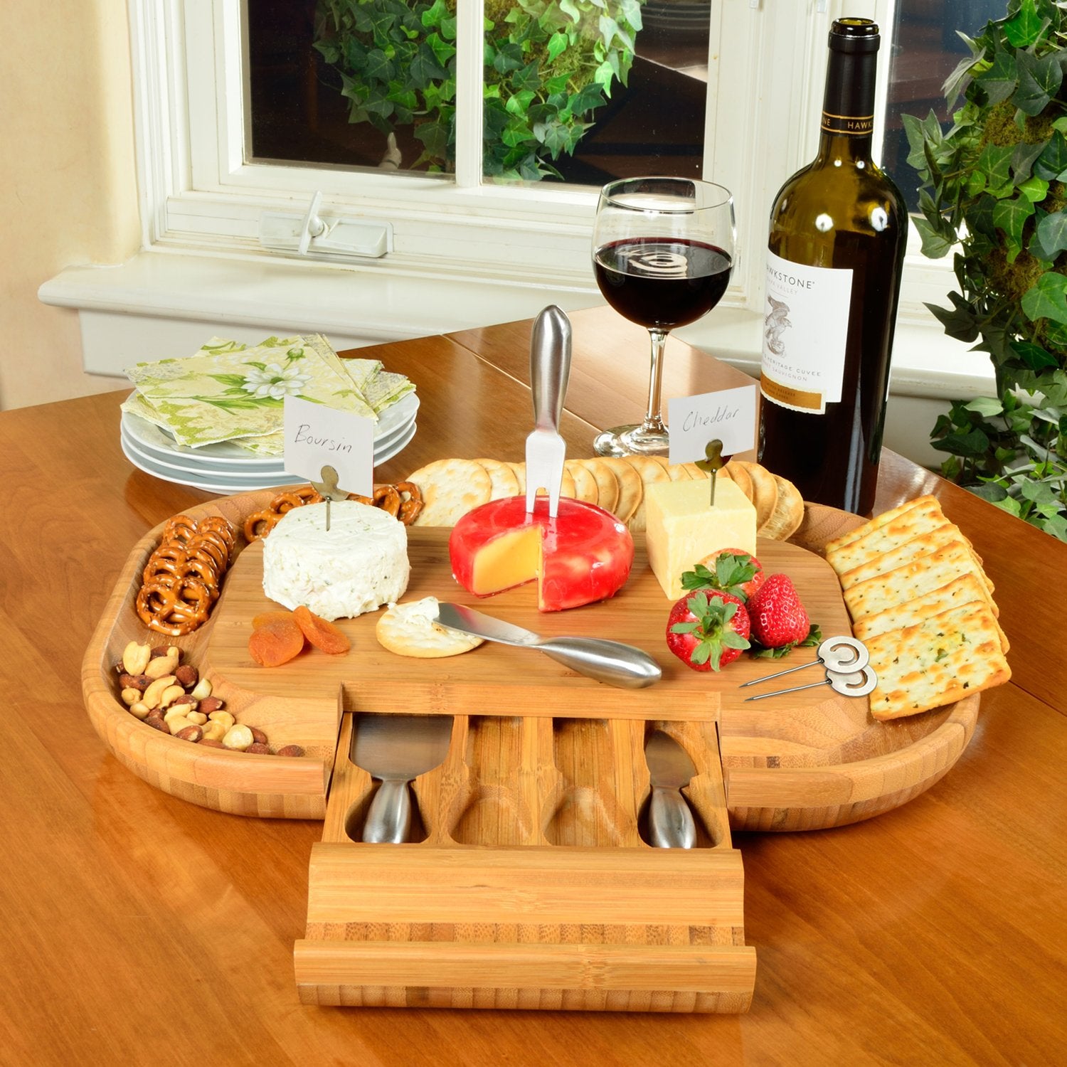 Picnic at Ascot Bamboo Cutting Board for Cheese & Charcuterie with Knife Set & Cheese Markers- Designed & Quality Checked in the USA