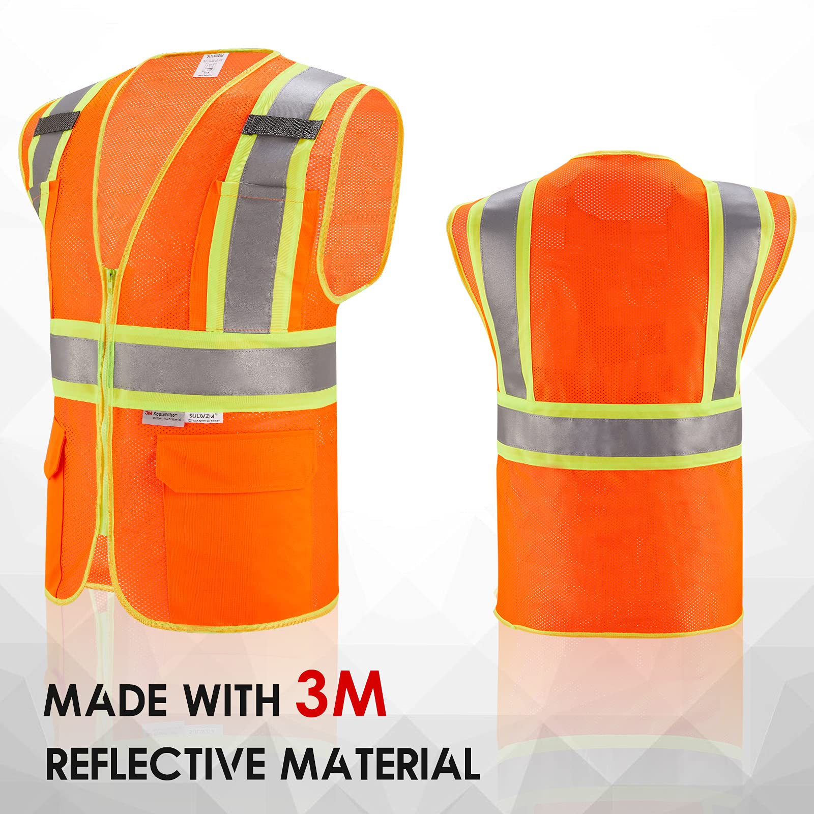 SULWZM 3M High Visibility Reflective Safety Vest with Zipper and Pockets Orange,M