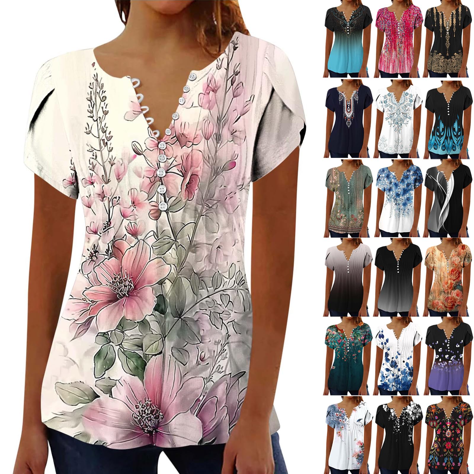 Summer Tops for Women Dressy Casual Boho Floral Short Petal Sleeve Tunic Shirts Pleated Button V Neck Henley Blouses Pink Corset Tops for Women L