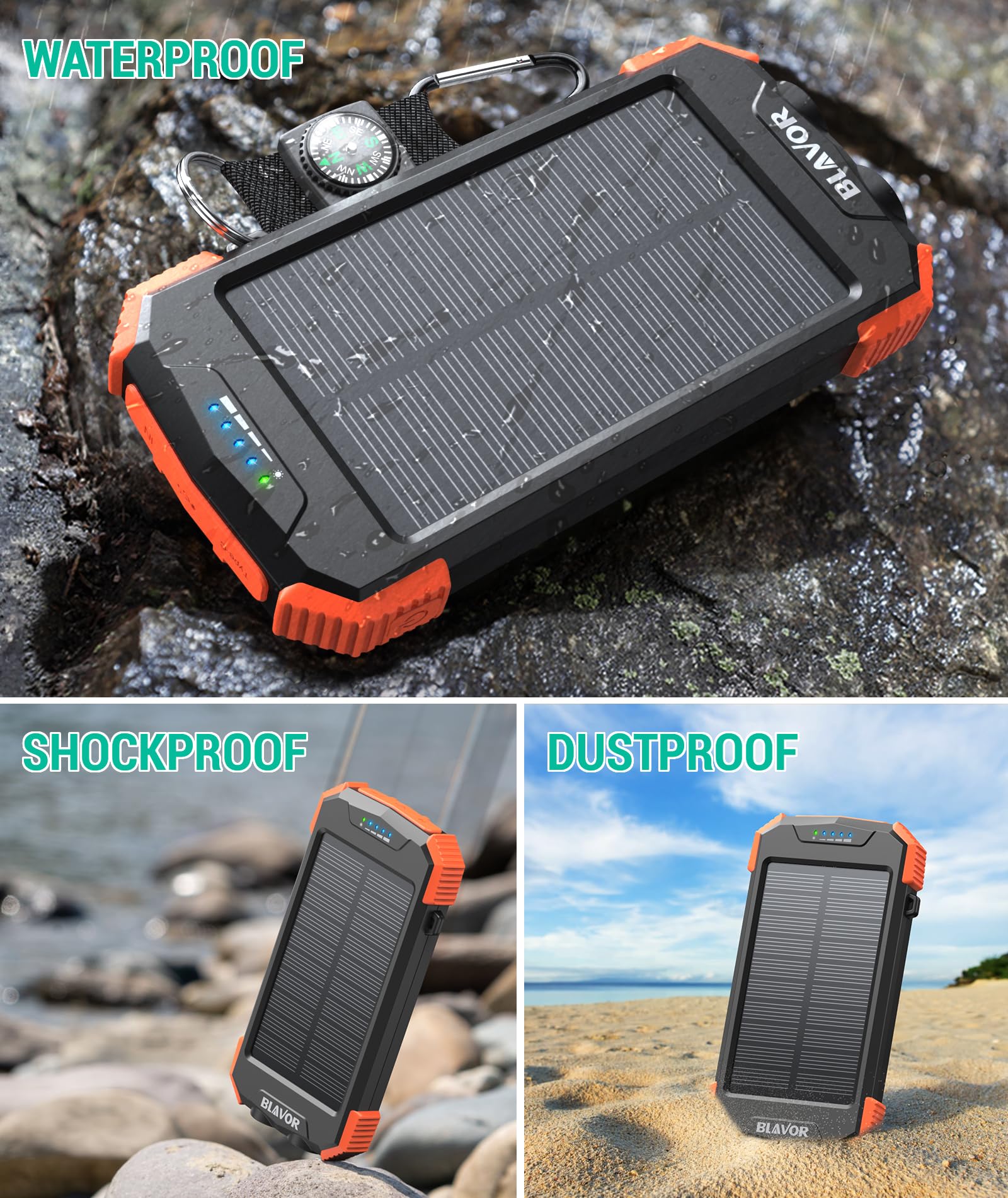 BLAVOR Solar Charger Power Bank, Real Rated 10,000mAh Portable Wireless Charger with USB C Input/Output for Cell Phones, External Battery Pack with Dual Flashlight for Camping