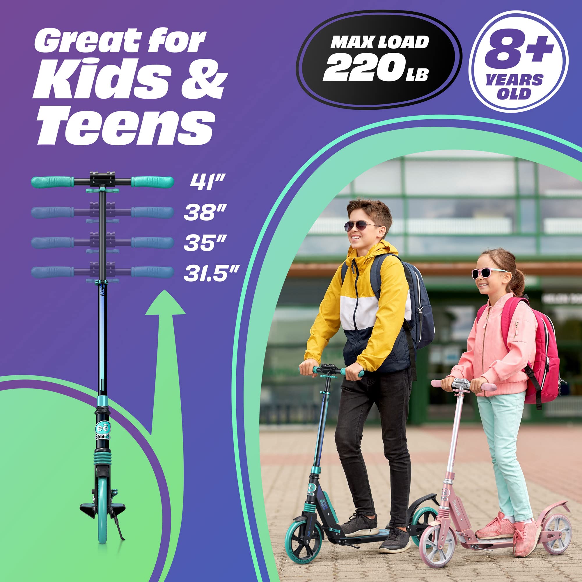 Skidee Kick Scooter for Kids Ages 6+ - Adjustable Handlebar Up to 41" High, Large Wheels, Anti-Shock Suspension - Foldable, Lightweight Scooters for Kids, Teens & Adults, Max Load 220 Lbs