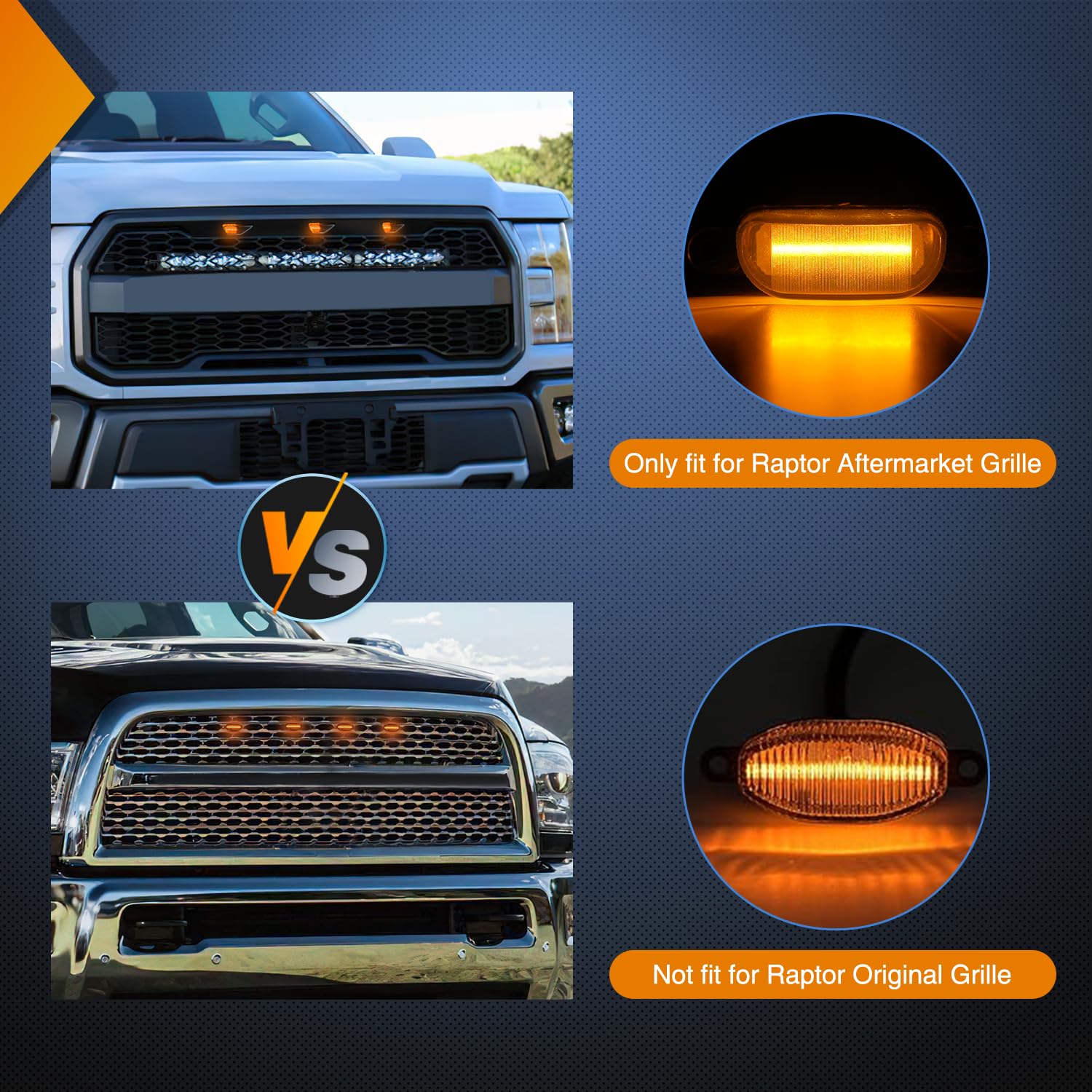 Nilight Front Grille Marker Light 3PCS 4LED Amber LED Light Smoked Lens Waterproof Compatible with 2004-2019 Ford F-150 Raptor and 2013-2018 Dodge Ram 1500 Raptor Aftermarket Grille