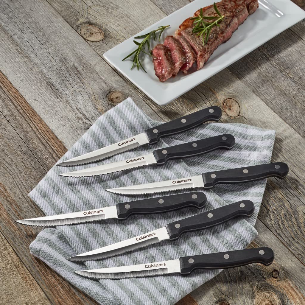 Cusinart Knife Set, 6pc Steak Knife Set with Steel Blades for Precise Cutting, Lightweight, Stainless Steel & Durable, C77TR-6PSK, Black