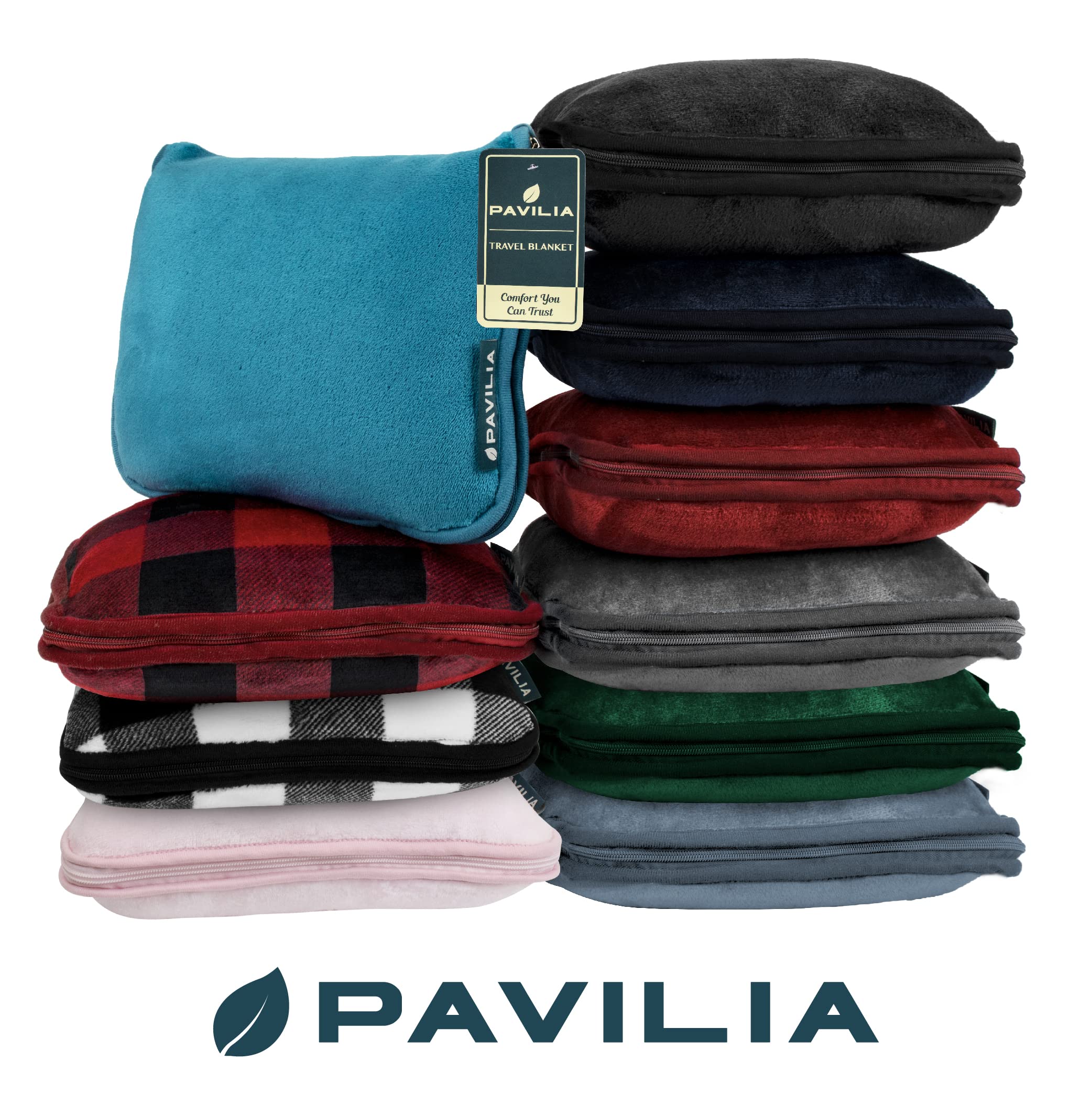 PAVILIA Travel Blanket Pillow, Soft Airplane Blanket 2-IN-1 Combo Set, Plane Blanket Compact Packable, Flight Essentials Car Pillow, Travelers Gifts Accessories Luggage Backpack Strap, 60x43 Navy Blue