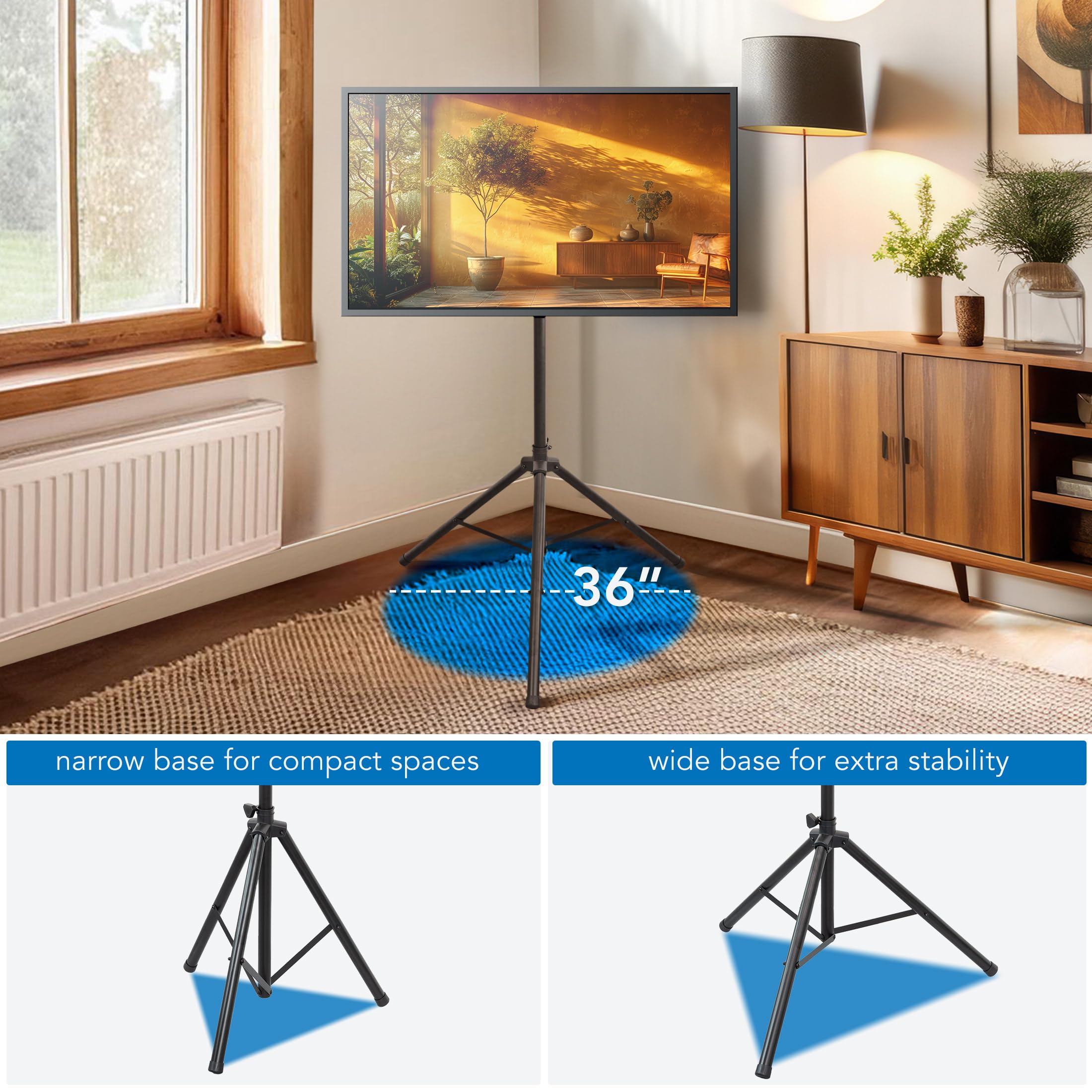 Mount-It! Tripod TV Stand – Portable TV Tripod for Flat Screens 32-70 Inch – Indoor/Outdoor Height Adjustable Stand, VESA 200x200 to 600x400, for LCD, LED, OLED, Curved TVs, Holds up to 77lbs