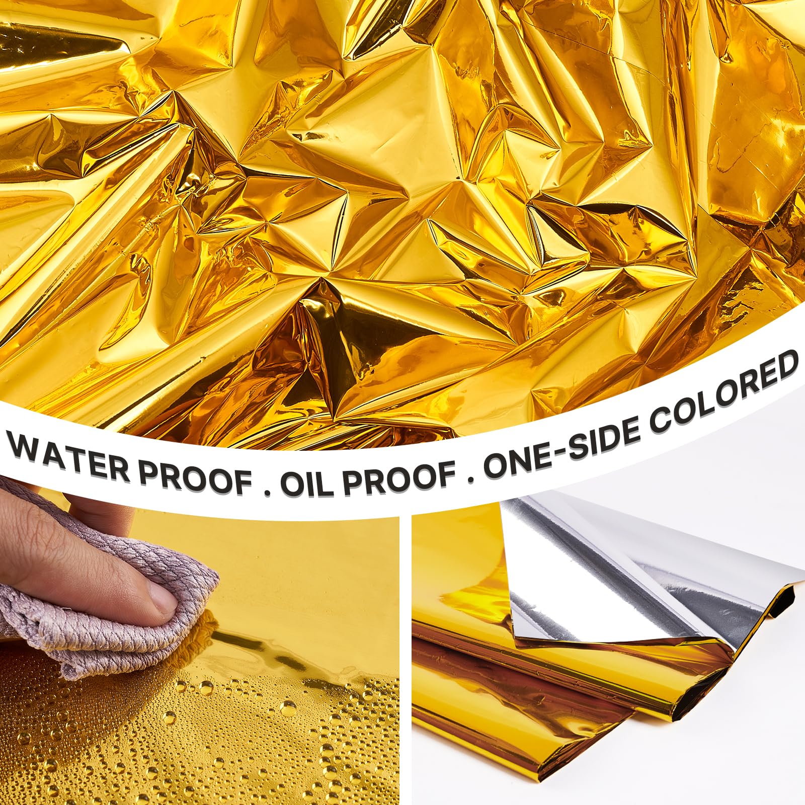 PartyWoo 3 pcs Gold Foil Table Cover, 54 x 108 Inch Rectangle Waterproof Tablecloth for 6 to 8 Foot Tables, Disposable Plastic Party Tablecloth for Christmas Graduation Birthday Party Decorations