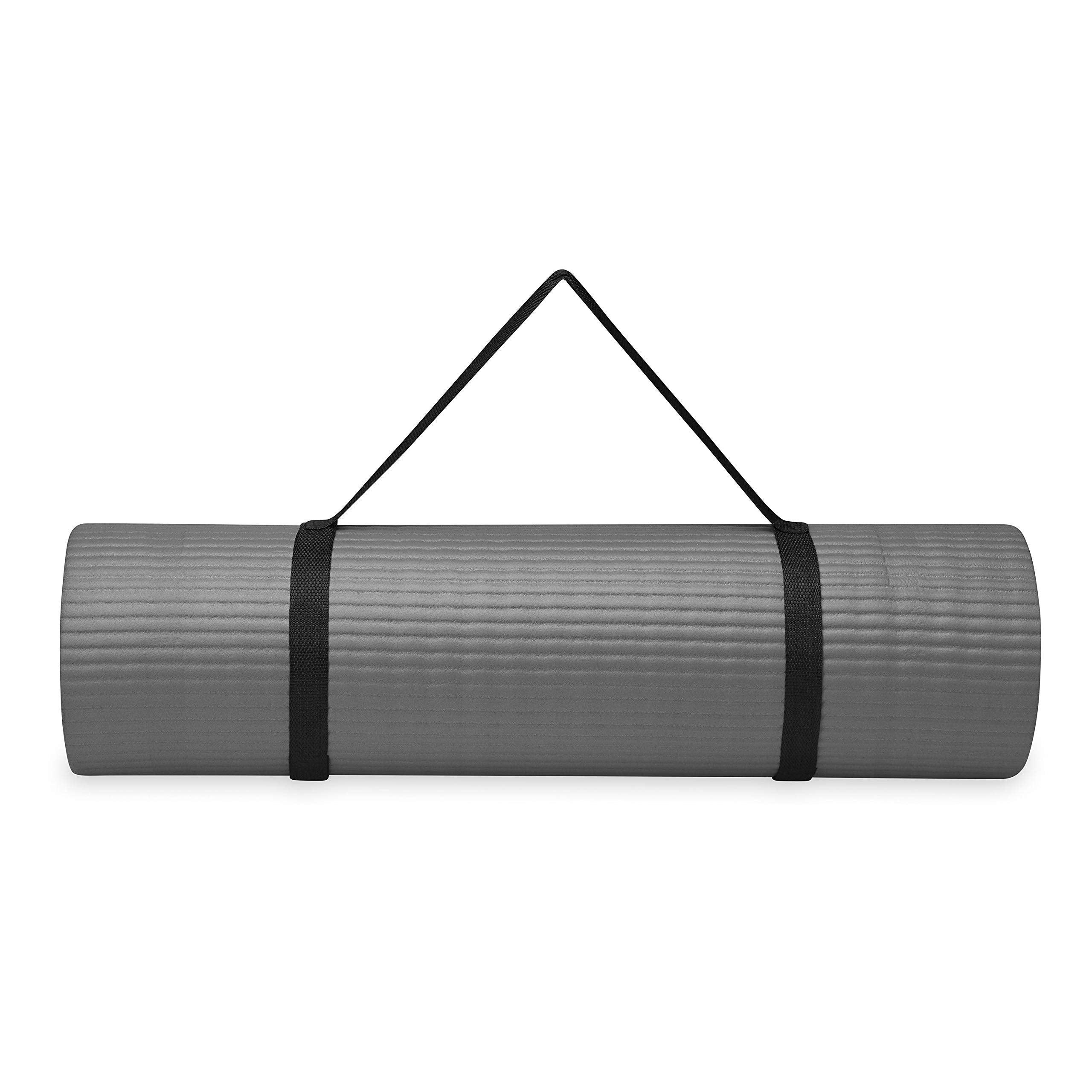 Gaiam Essentials Thick Yoga Mat Fitness & Exercise Mat with Easy-Cinch Carrier Strap, Grey, 72"L X 24"W X 2/5 Inch Thick, 10mm