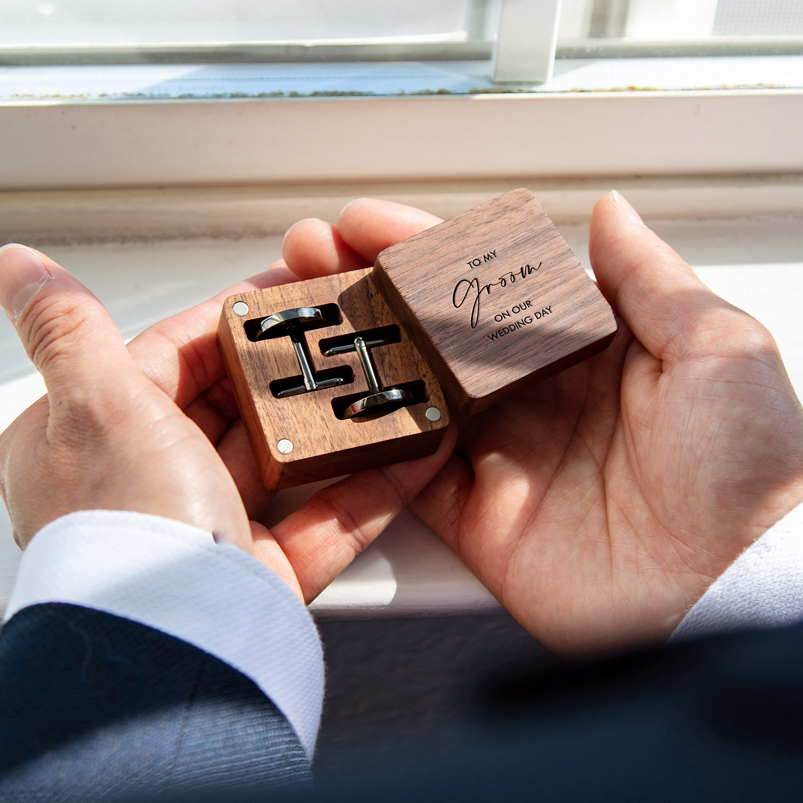 MUUJEE Cufflinks with Engraved Wood Gift Box - To My Groom on Our Wedding Day Mens Unique Fiance Gift from the Bride or Wife for Future Husband on Marriage Ceremony Premium Stainless Steel