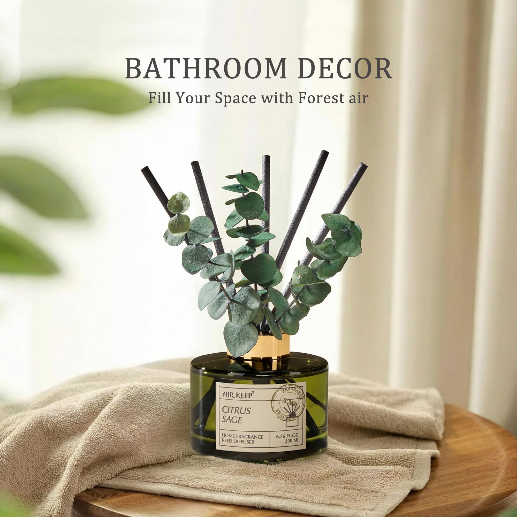Airkeep Reed Diffuser Set with 6.76 fl oz Citrus&Sage Scent Essential Oils and 3 Leaves & 8 Diffuser Sticks,Bathroom Shelf Decor & Air Freshener, House Bedroom Office Decor & Gifts