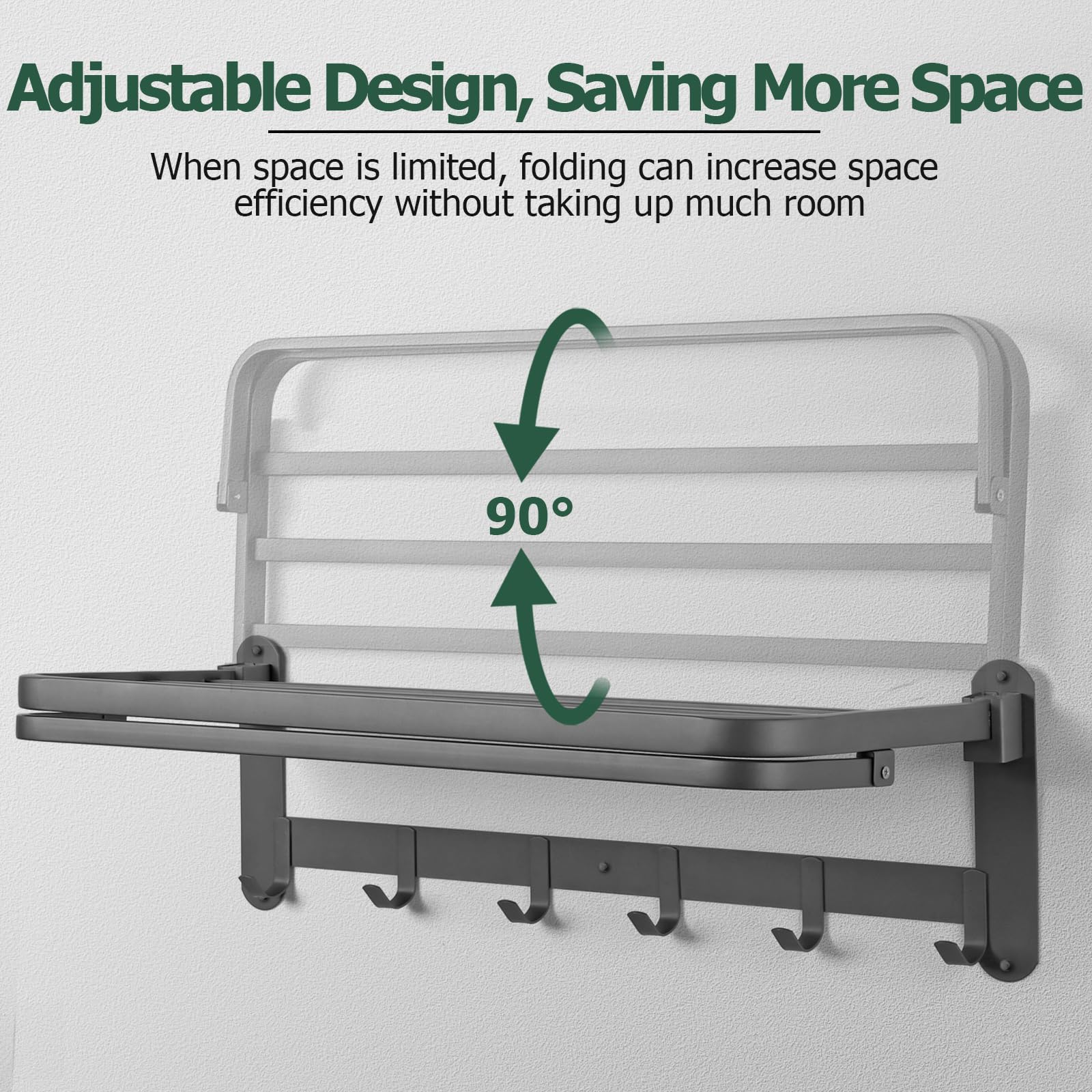 JiGiU Towel Rail 23.6 Inch Bathroom Towel Storage Wall Mounted with Towel Bar & 6 Hooks Foldable Towel Holder Stainless Steel Rustproof Towel Shelves for Home Bathroom Shower Kitchen