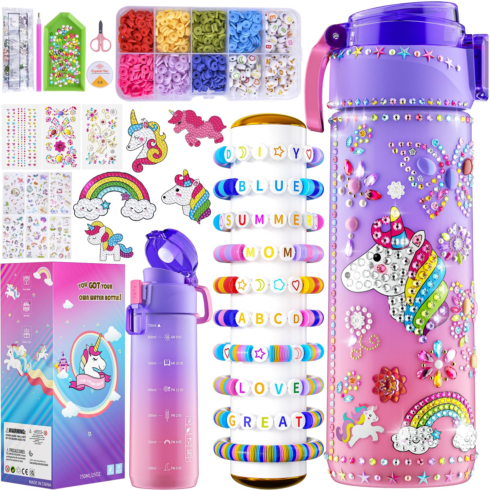 Gifts for Girls 4-12, Decorate Your Own Water Bottle Kits for Girls, Unicorn Diamond Painting Toys & Friendship Bracelet Kit, Fun Arts Crafts for Kids Ages 4-6-8-10, Birthday Gifts Toys for Girls