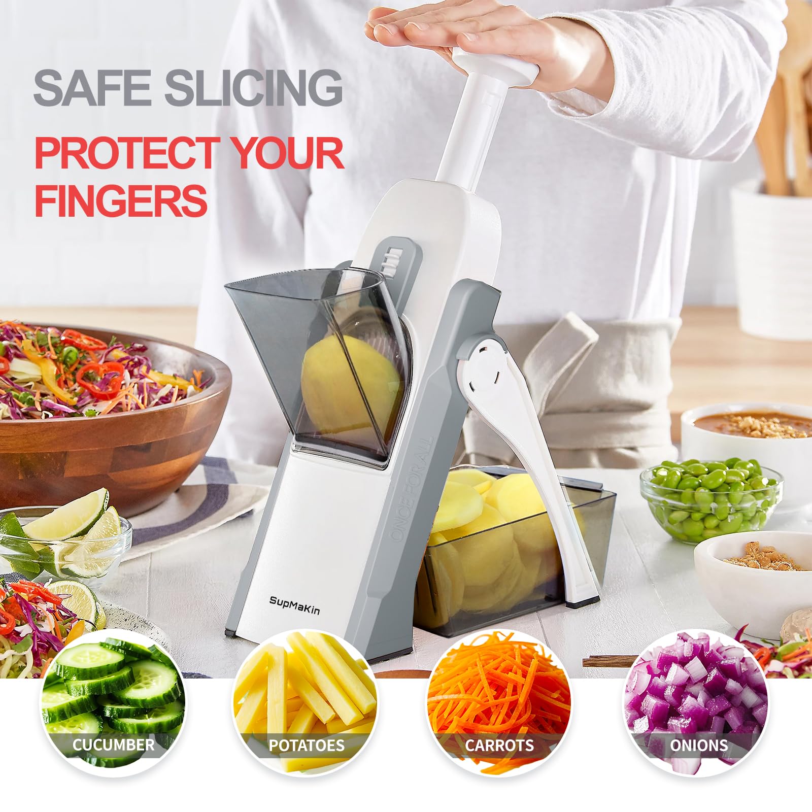 SupMaKin Safe Mandoline Slicer, Potato Slicer Maual Vegetable Chopper Adjustable Thickness Food Cutter, Kitchen Chopping Artifact for Cooking Meal Prep (Gray)