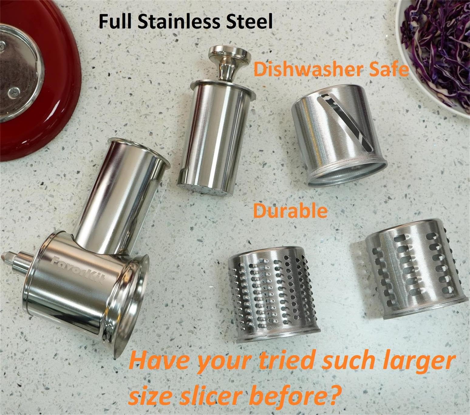 FavorKit Large Stainless Steel Slicer Shredder Attachment for KitchenAid Mixers, Dishwasher Safe, Rotary Salad Maker/Cheese Grater Accessories with 3 Drum Blades and 1 Knob Thumb Screw