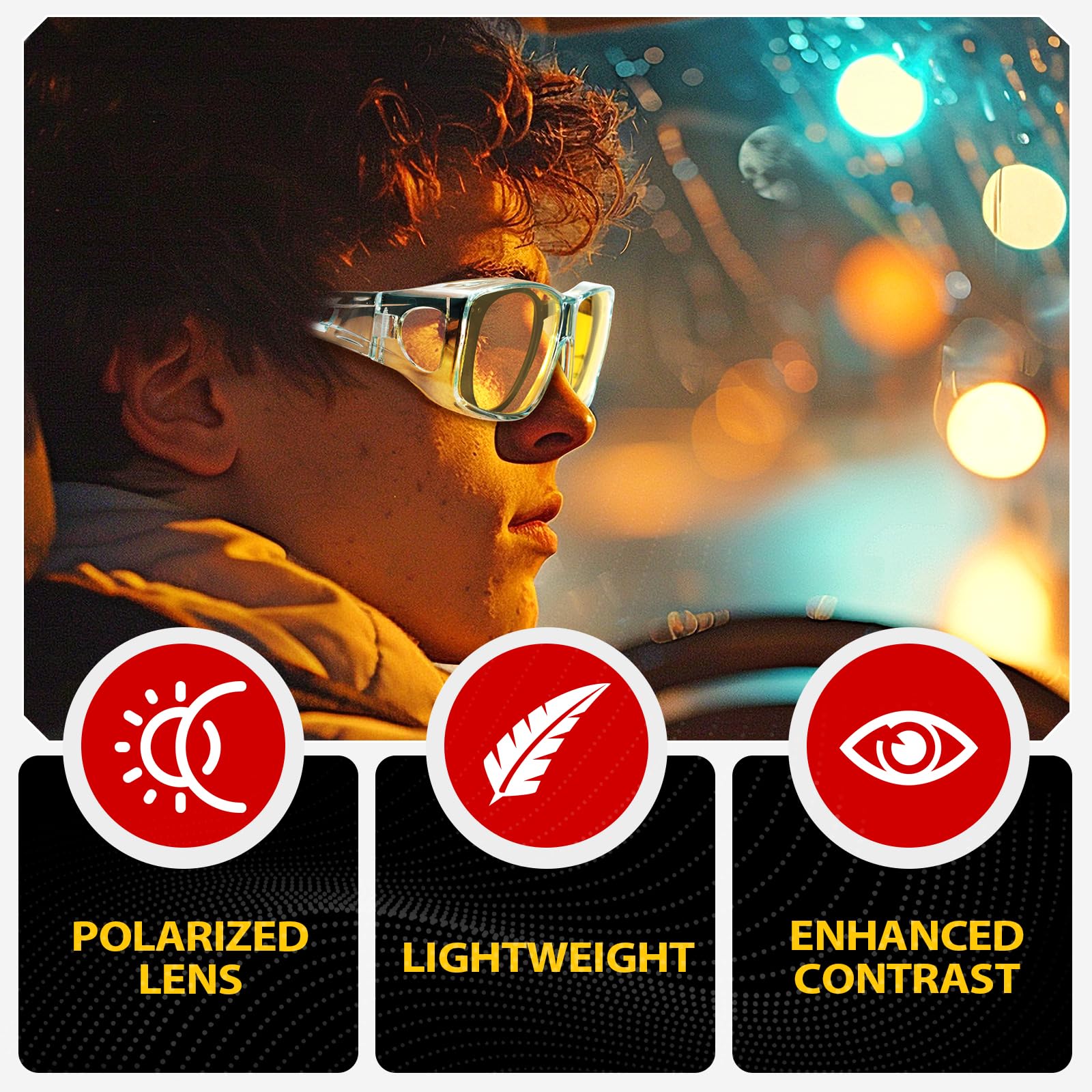 TJUTR Night Vision Driving Glasses Fit Over Glasses for Men Women, Anti Glare Polarized Nighttime Glasses Yellow Lens