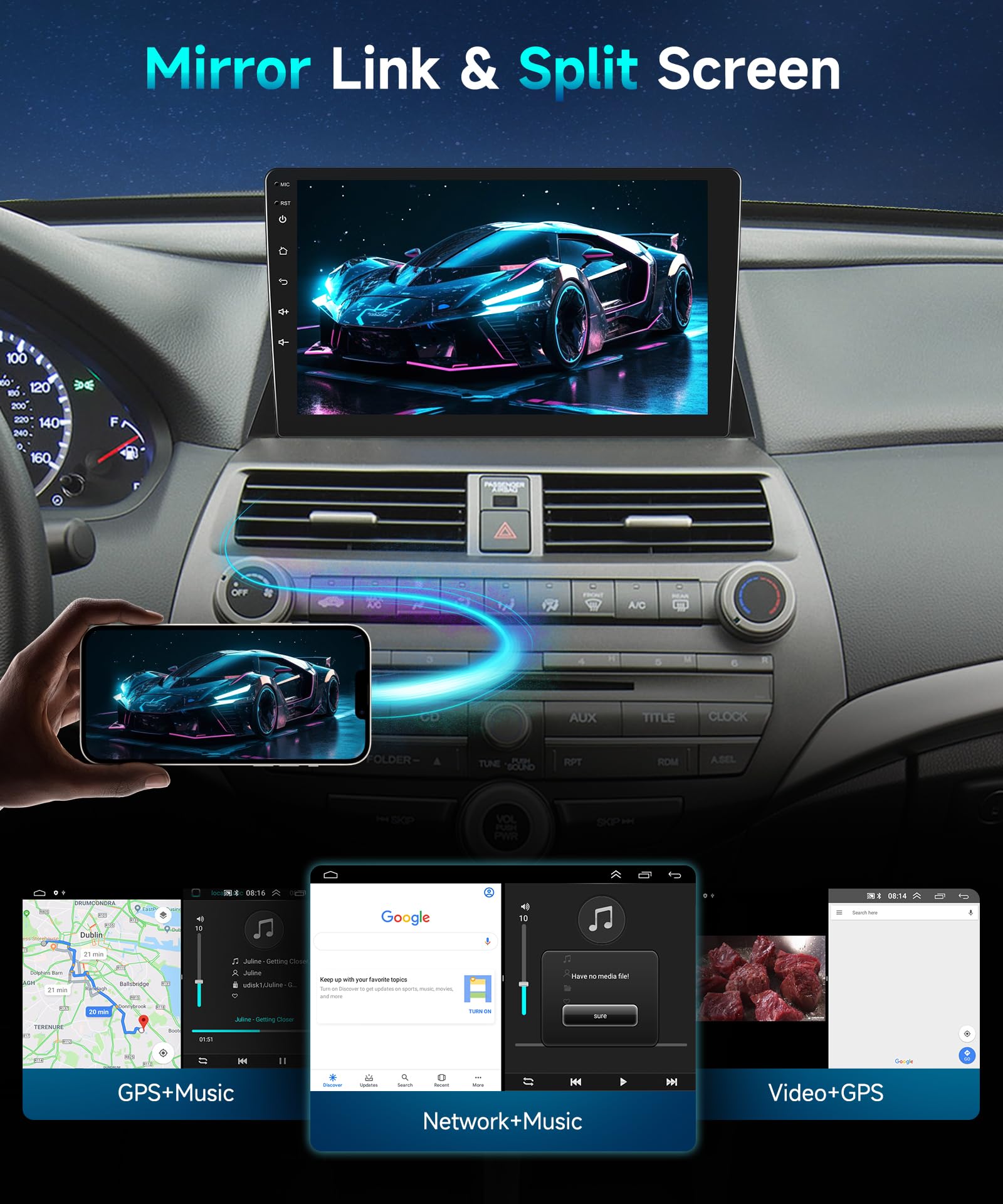 DSP Radio for Honda Accord 8th 2008-2012 Car Stereo with Wireless Carplay Android Auto,10.1 Inch 1080P Touch Screen EQ FM/RDS GPS Chip 26UIs 5.0Bluetooth WiFi AHD Backup Camera Mic 2G+32G