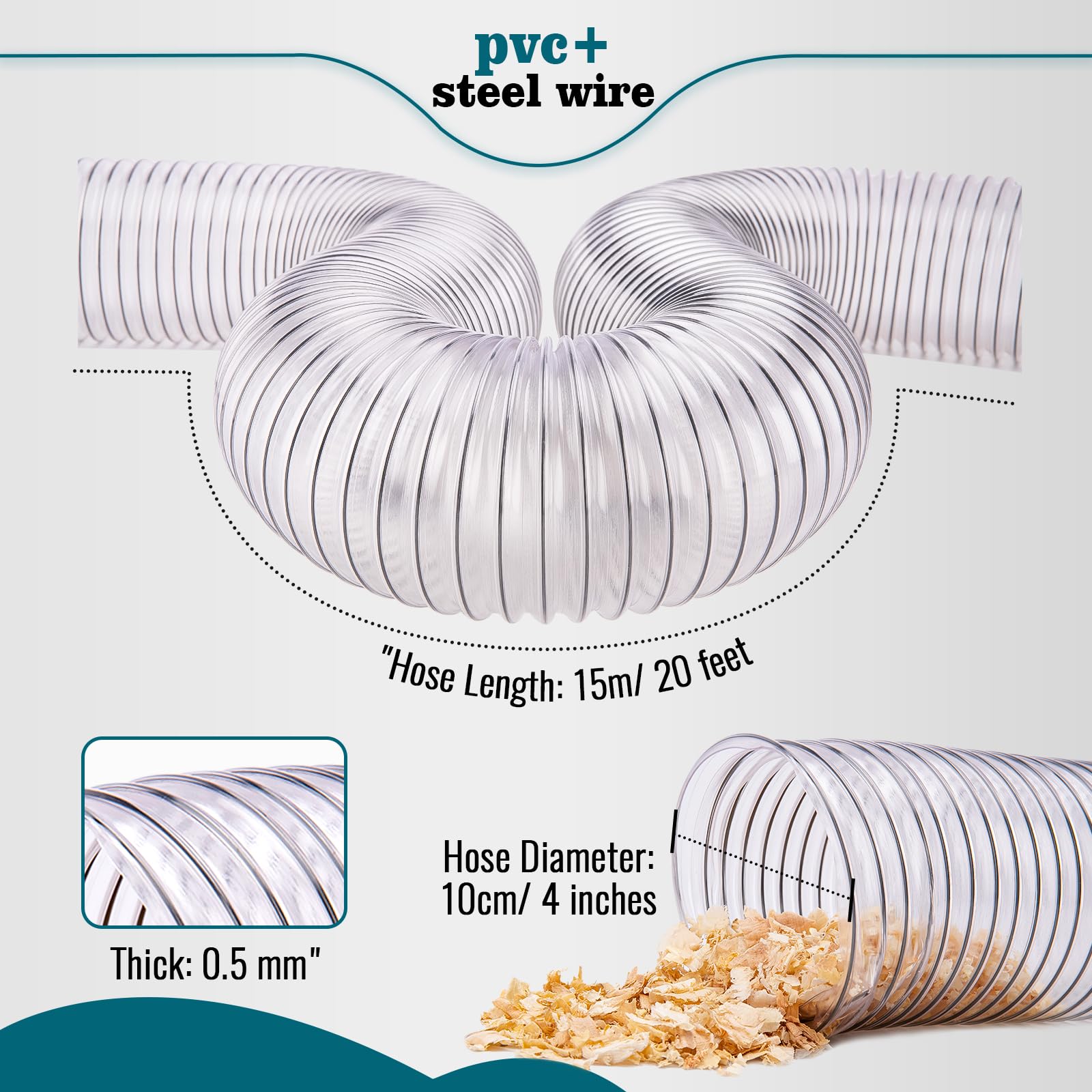 4 In x 20Ft Flexible PVC Dust Collection Hose, Heavy Duty PVC Dust Debris and Fume Collection Hose for Dust Collection Systems, Clear Color