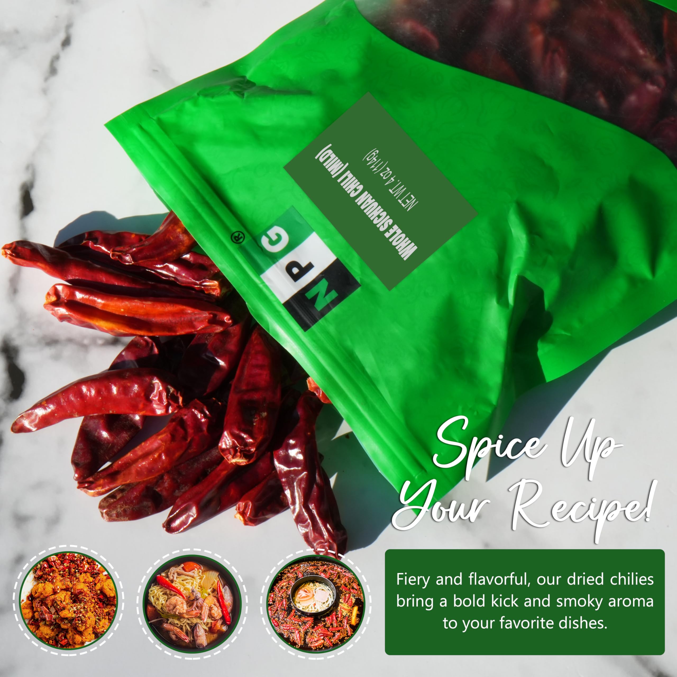 NPG Sichuan Chili Peppers 4 Ounces, Mild, Used in Mexican, Chinese, Thai Dishes, Premium Szechuan Dried Red Chilies for Chili Oil, Paste, and Sauce