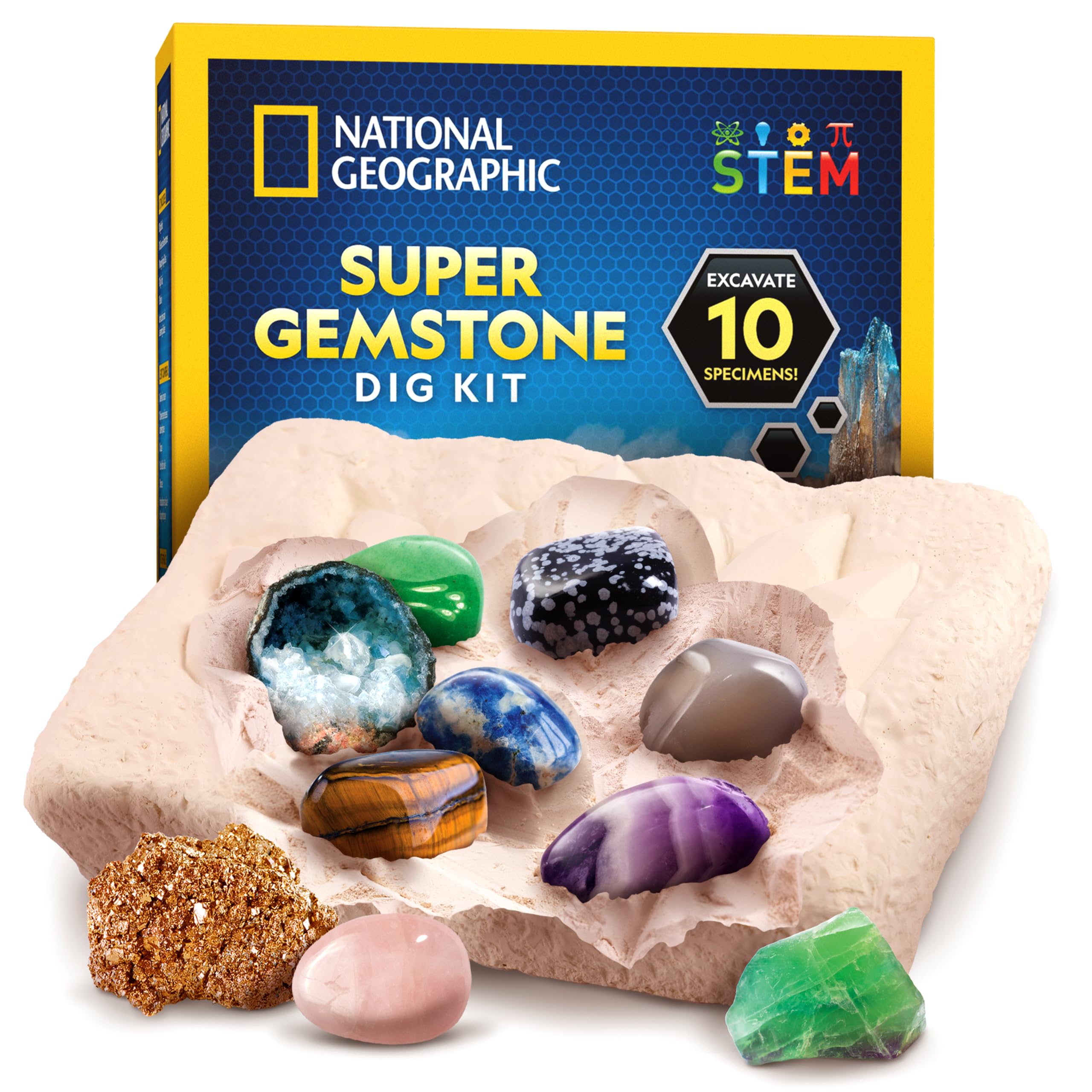 NATIONAL GEOGRAPHIC Gemstone Dig Kit – Dig Up 10 Real Gemstones and Crystals, Science Kit for Kids, Gem Digging Kit, Gift for Girls and Boys, Mining Kit, Rock Collection