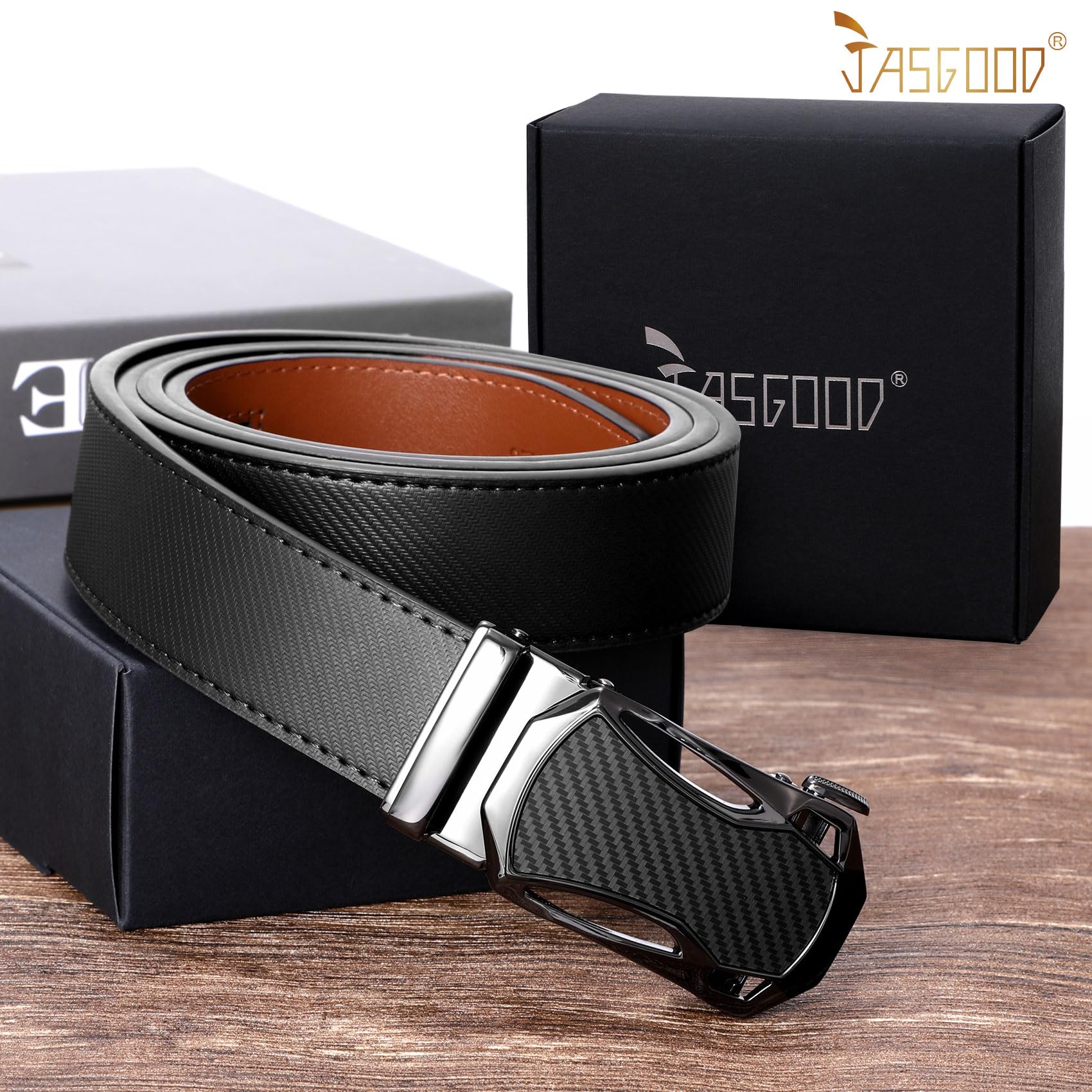 JASGOOD Mens Belt Ratchet Leather Belt for Men Dress Casual with Adjustable Buckle,Original Automatic Slide Belt for Comfort Trim to Fit