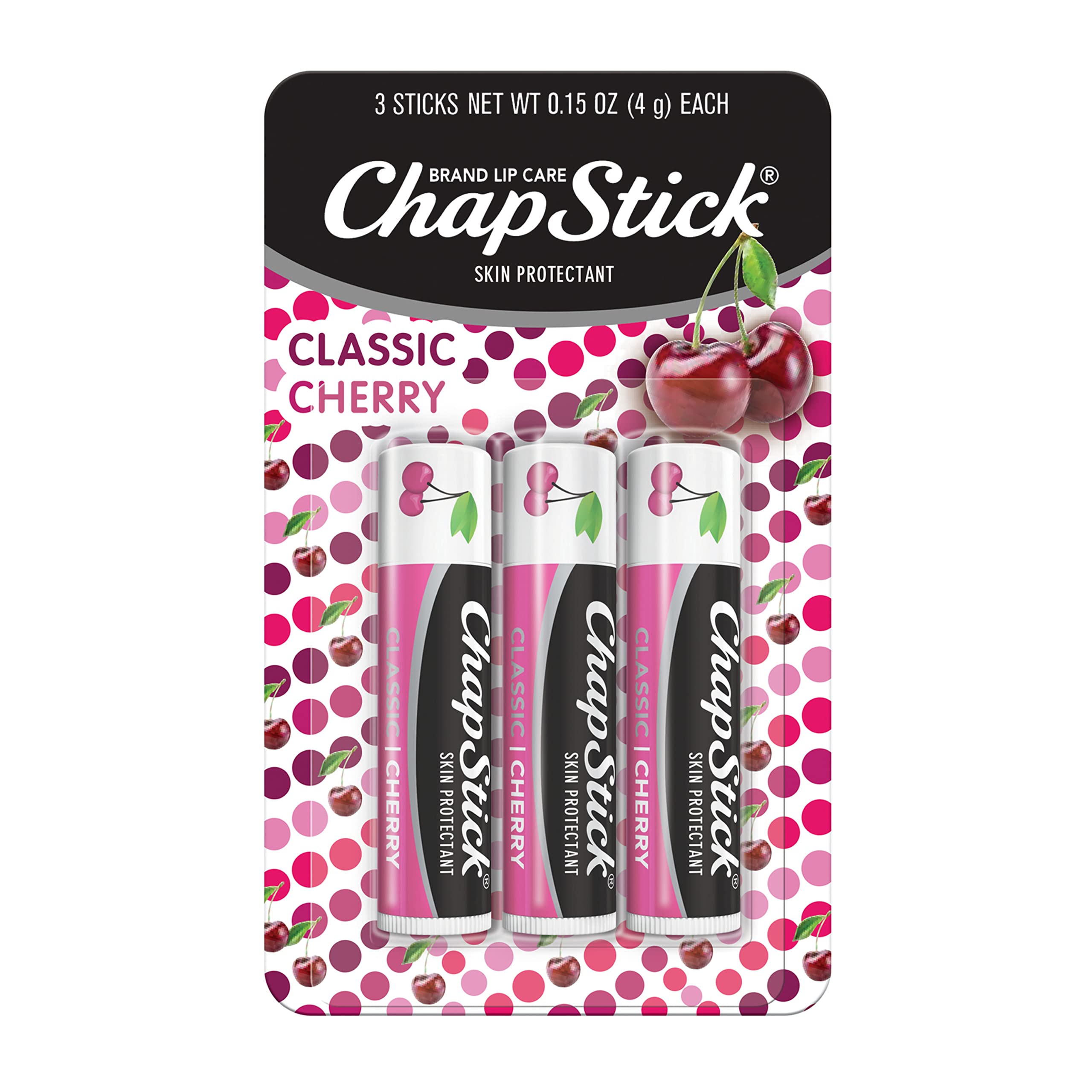 ChapStick Classic Skin Protectant Flavored Lip Balm Tube, Cherry Flavor, 0.15 Ounce (Pack of 3)