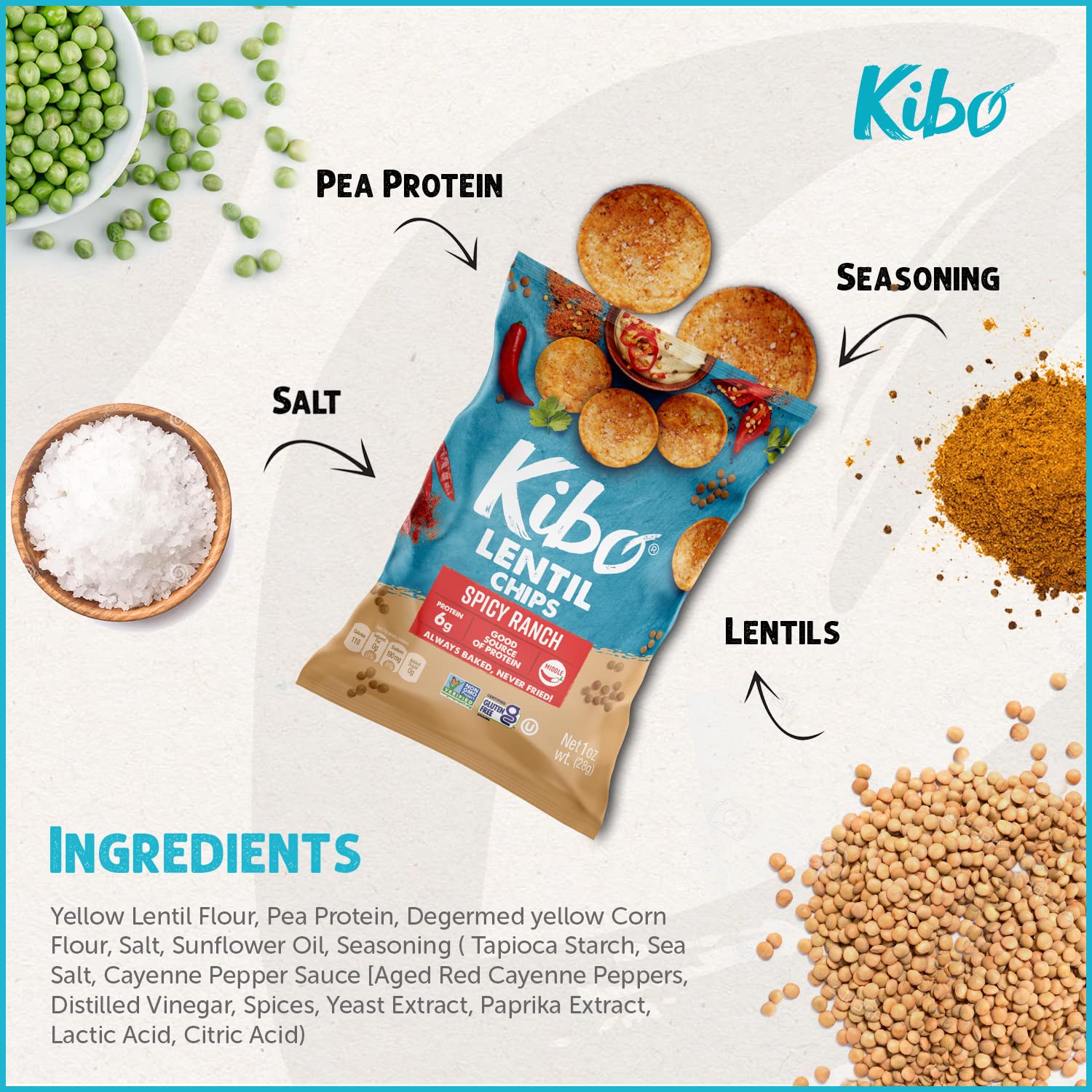 Kibo Lentil Chips Spicy Ranch with 6 Grams Protein, Non-GMO Vegan Crispy & Non-Fried 1 OZ (Pack of 12)