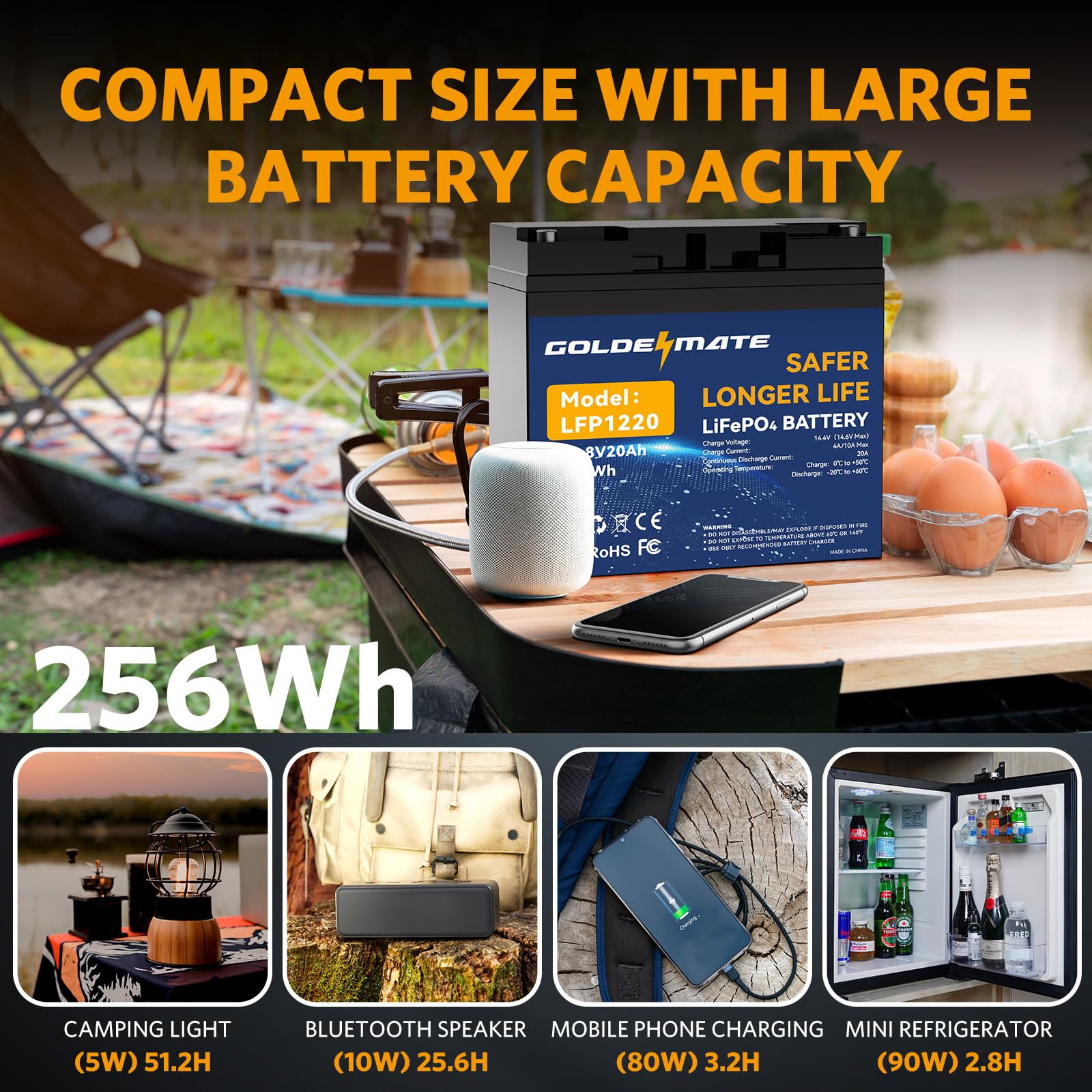 GOLDENMATE 12V 20Ah Lithium LiFePO4 Deep Cycle Battery, Rechargeable Battery Up to 2000-7000 Cycles, Built-in BMS, Lithium Iron Phosphate for Solar, Marine, Energy Storage, Off-Grid Applications