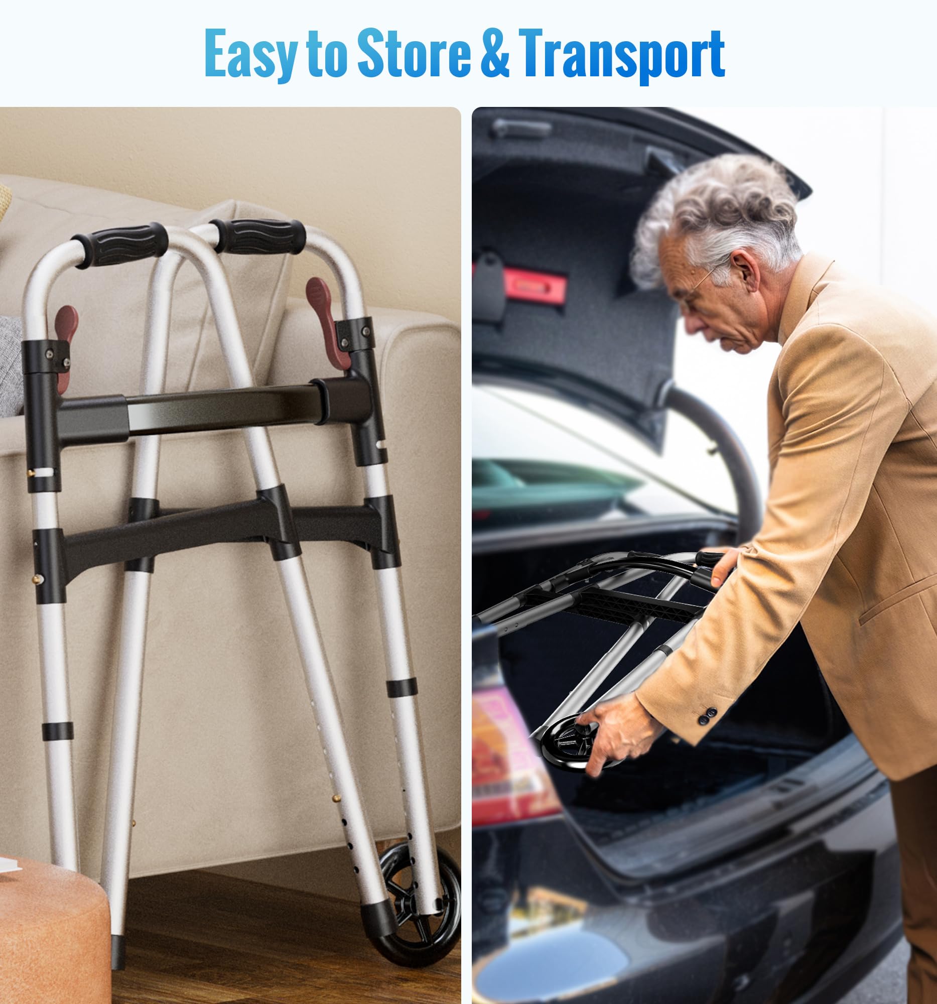 HOMLAND Walkers for Seniors, 2-Button Folding Walkers with Wheels, Lightweight Walker for Seniors Weighing Up to 350 Pounds, Height Adjustable Standard Walker & Ski Glides, Aluminum Frame, Silver