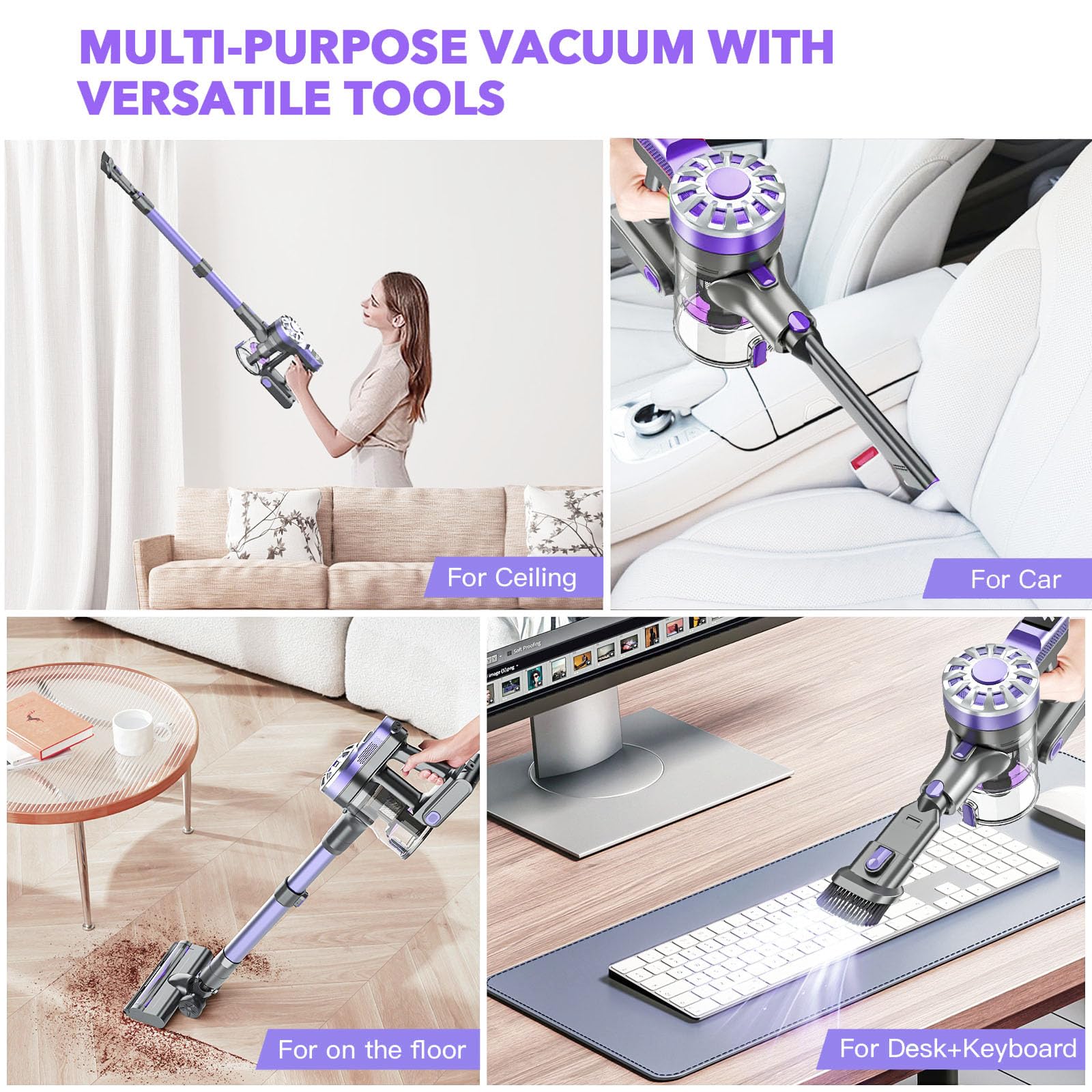 WLOTPO Vacuum Cleaners for Home,Cordless Vacuum Cleaner,Cordless Stick Vacuum Cleaner with 80000Rmp Powerful Motor,Lightweight Cordless Vacuum Cleaners for Home Hard Floor Pet Hair(Deep Purple)