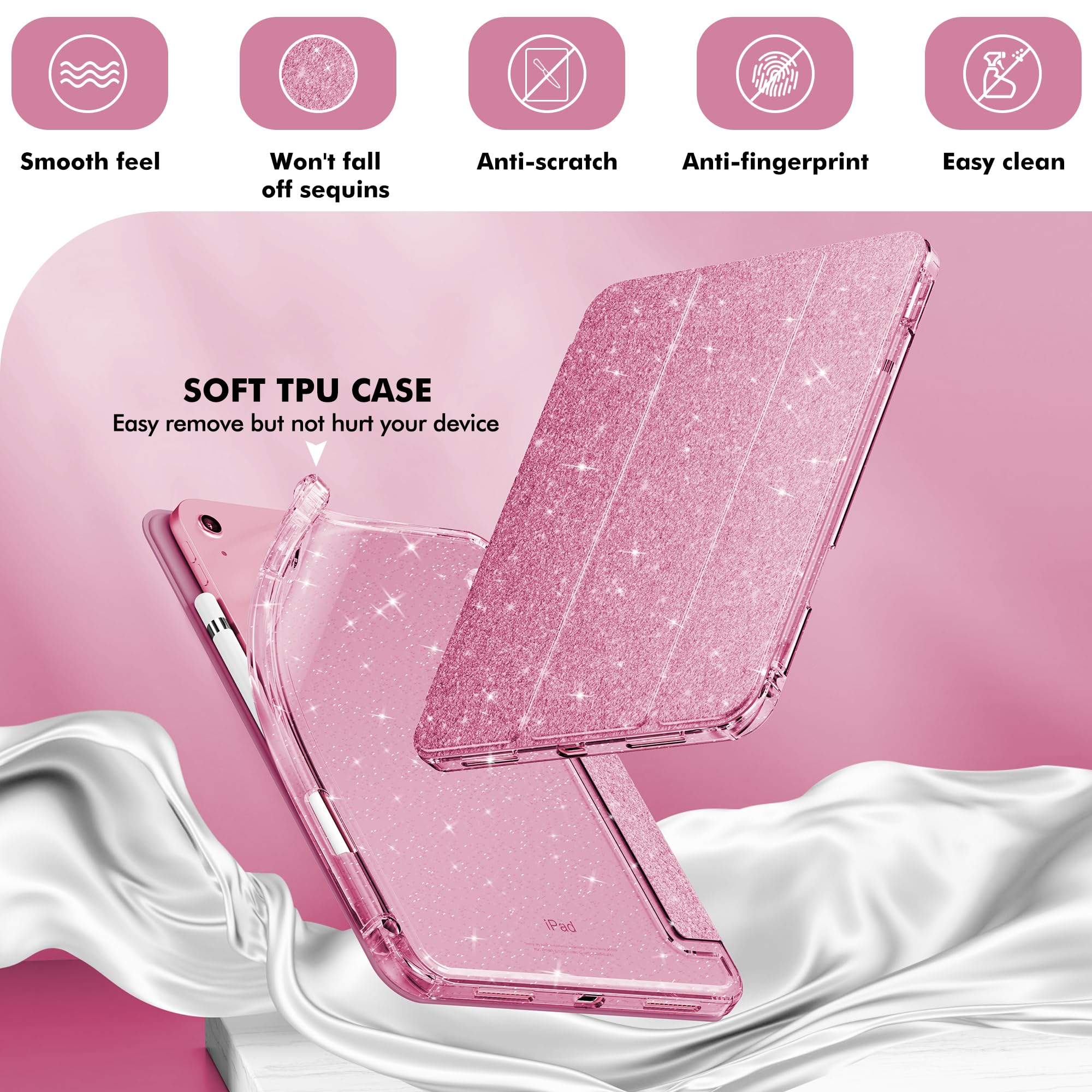 INFILAND Compatible with iPad 10th Generation Case, iPad Case 10th Generation 10.9 Inch for Kids, Girls, Cute Glitter Cover with Sparkly Crystal Clear Back, Pencil Holder, Anti-Yellowing, Rose Pink