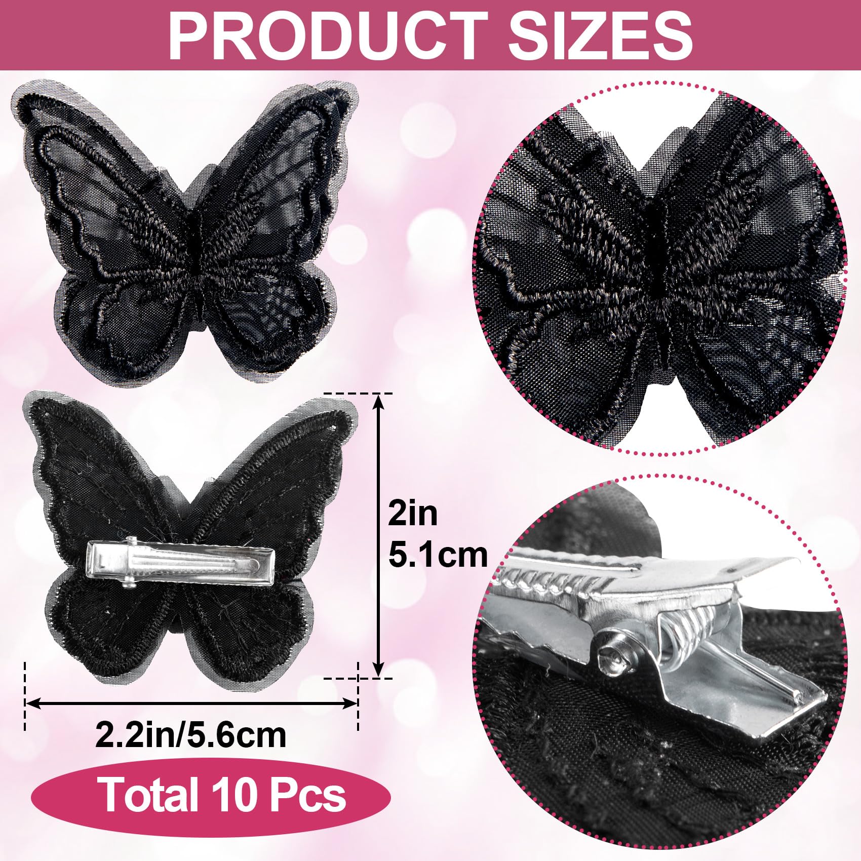 Pndeyo 10pcs Butterfly Hair Clips for Women, Non-Slip Embroidery Butterfly Hair Pins, Double-Layer Lace Butterflies Hair Barrettes Accessories for Long Short Curly Wavy Straight Hair- Black