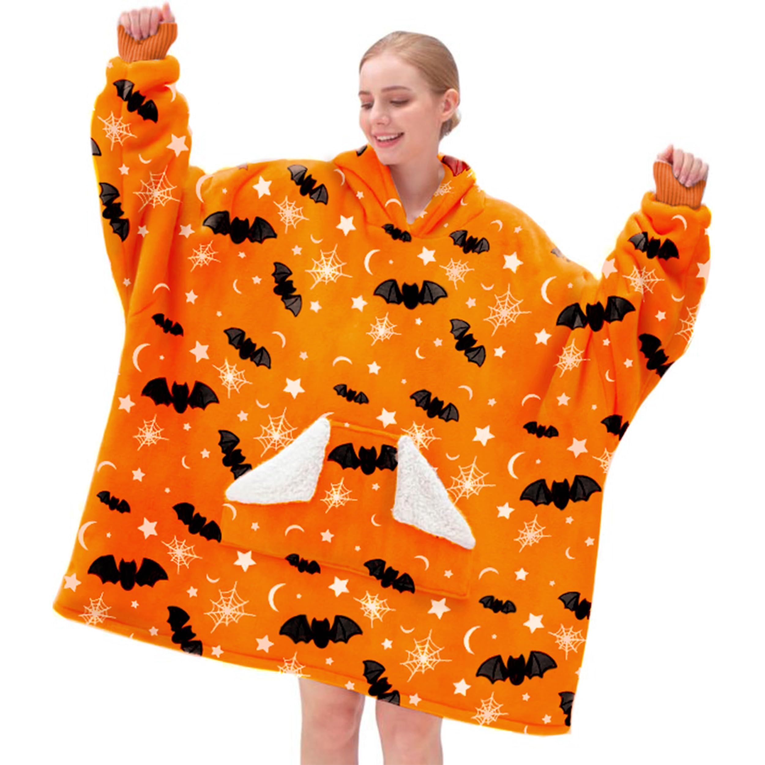 Touchat Halloween Wearable Blanket Hoodie, Orange Bat Costume Oversized Sherpa Fleece Sweatshirt Blanket with Giant Hood Pocket and Sleeves for Adult, Warm & Cozy Grey Blanket Gifts for Women