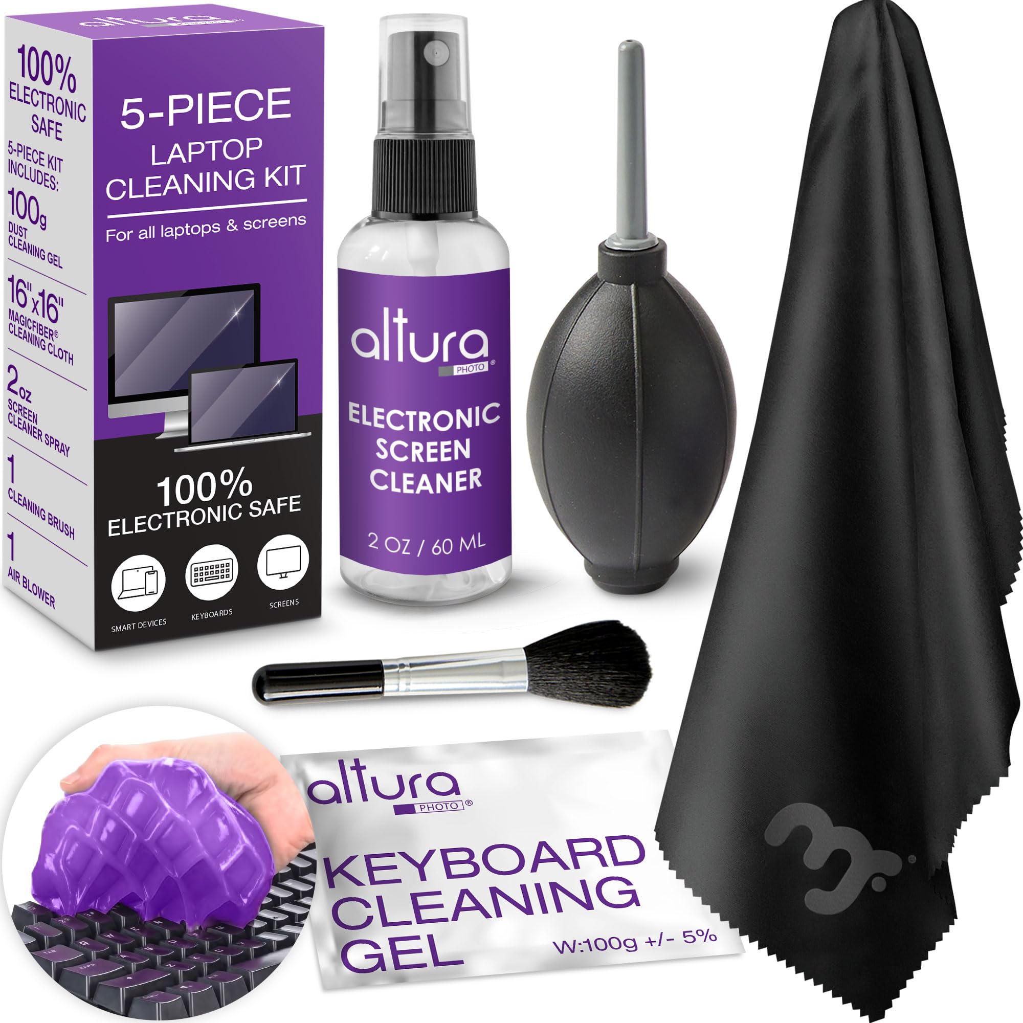 Professional Laptop Cleaning Kit Computer Screen & Keyboard Cleaner 5 Piece Electronic Cleaner with Laptop Screen Spray, Air Blower, Brush, Keyboard Gel, & Microfiber Cloth