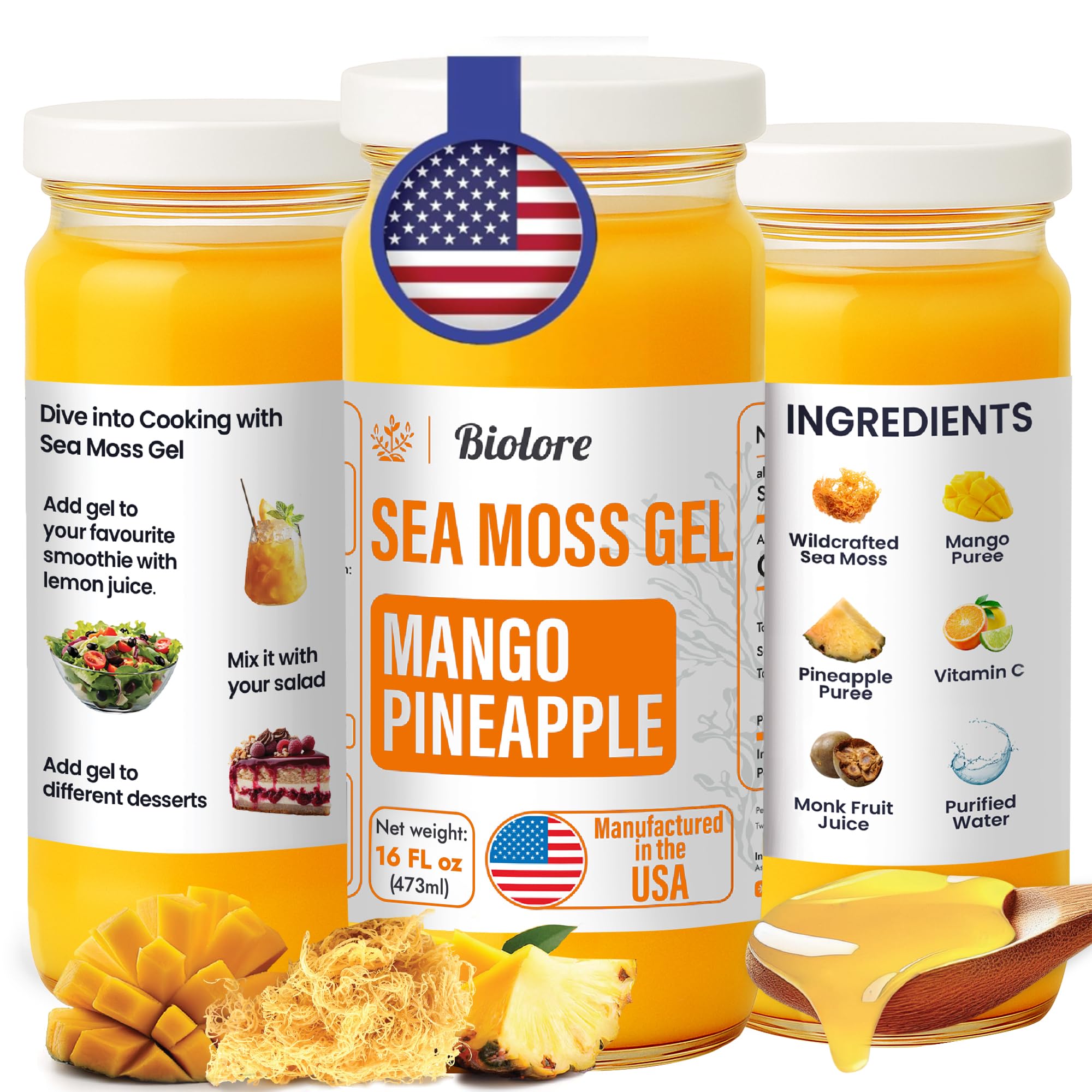 Biolore Sea Moss Gel – Mango Pineapple, Made in USA, No Added Sugar, Rich in Vitamins & Minerals, Vegan Superfood, Seamoss Jam & Spread Gift (16 oz)