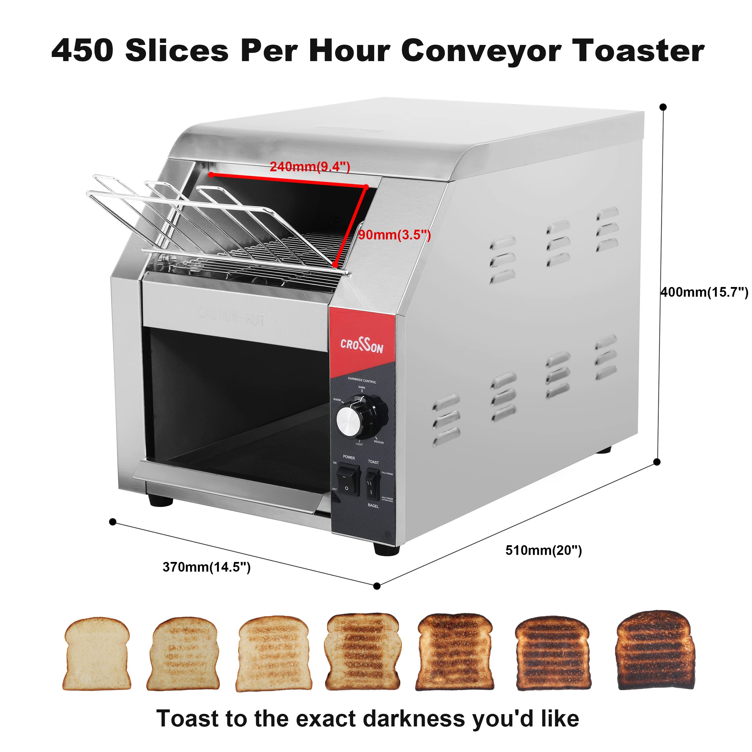 CROSSON ETL Listed Conveyor Toaster 450PCS/Hour 10" Wideness With 3" Opening Heavy Duty Commercial Toaster for Cafes,Buffets, Restaurants and Coffee shops-120V,1800W