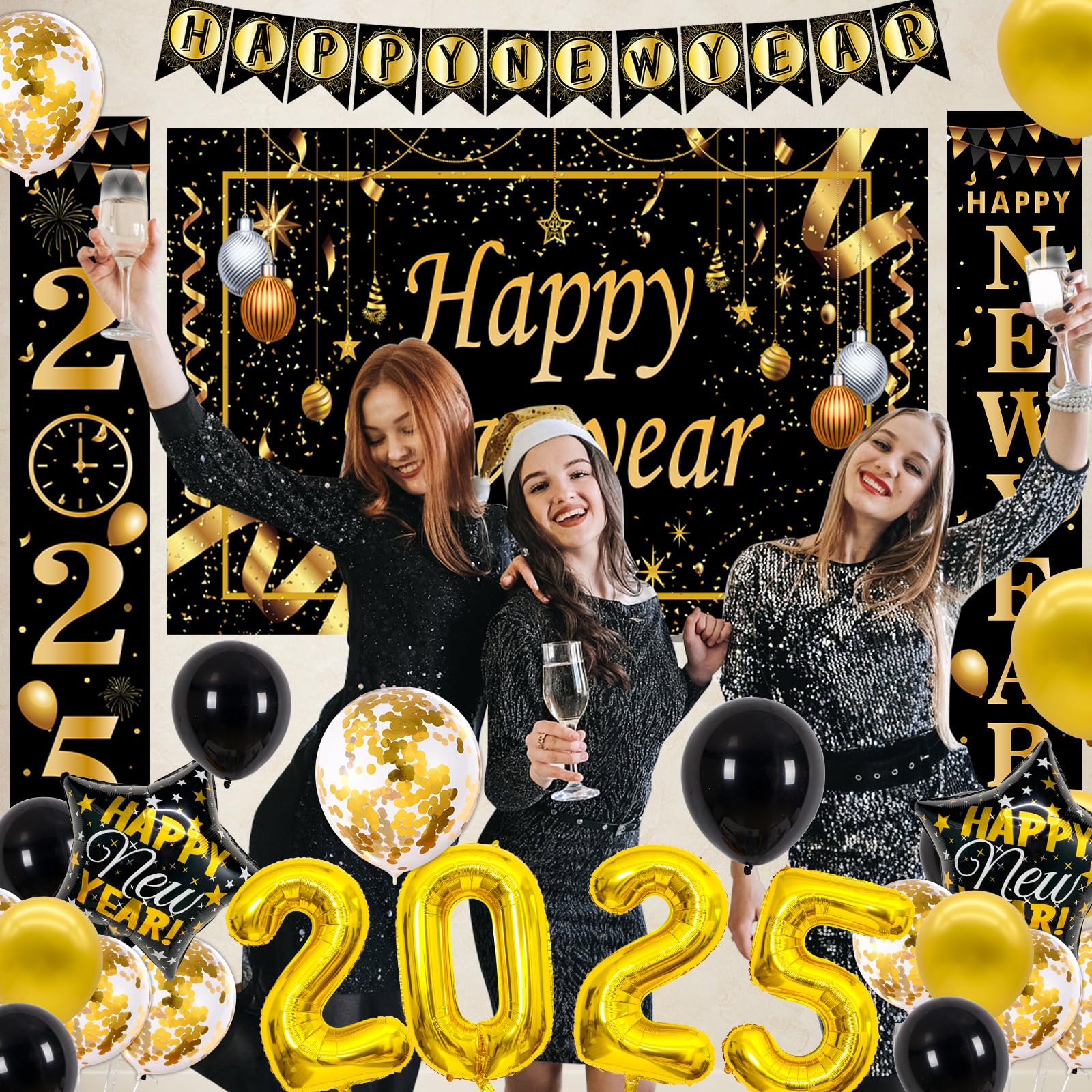 New Years Eve Party Supplies 2025, 40PCS Happy New Year Decorations Black Gold Happy New Years Banner Backdrop New Years Decorations 2025 Number Foil Confetti Balloons Door Banner NYE Decorations 2025