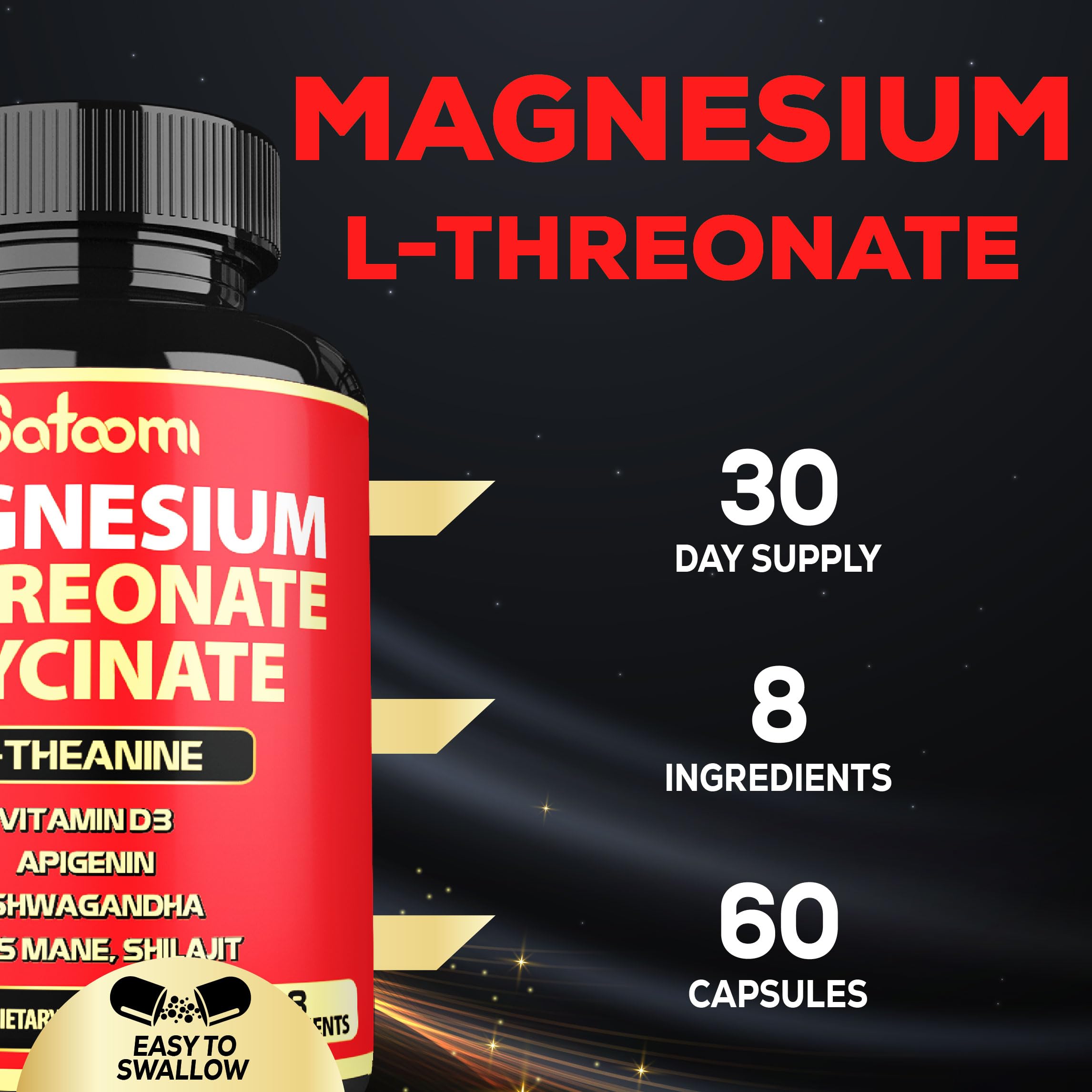 Satoomi 8in1 Magnesium L-Threonate and Glycinate - Plus Ashwagandha, L-Theanine, Lions Mane Vitamin D3 and More - Supports Brain Health & Memory - 60 Count