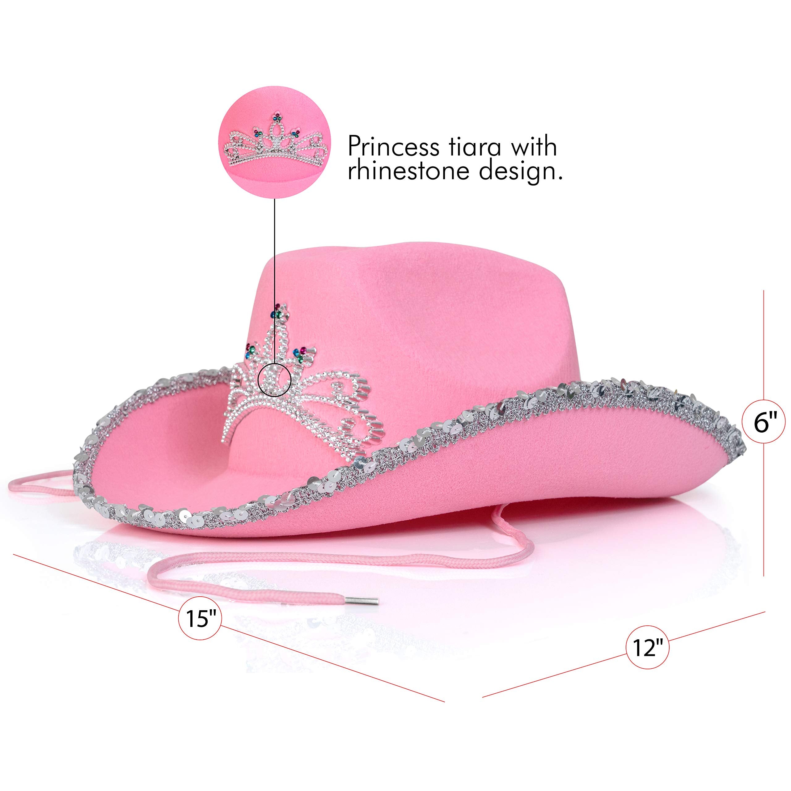 Skeleteen Pink Cowboy Hat - Pink Sequin Cowgirl Princess Hat with Crown Tiara Design