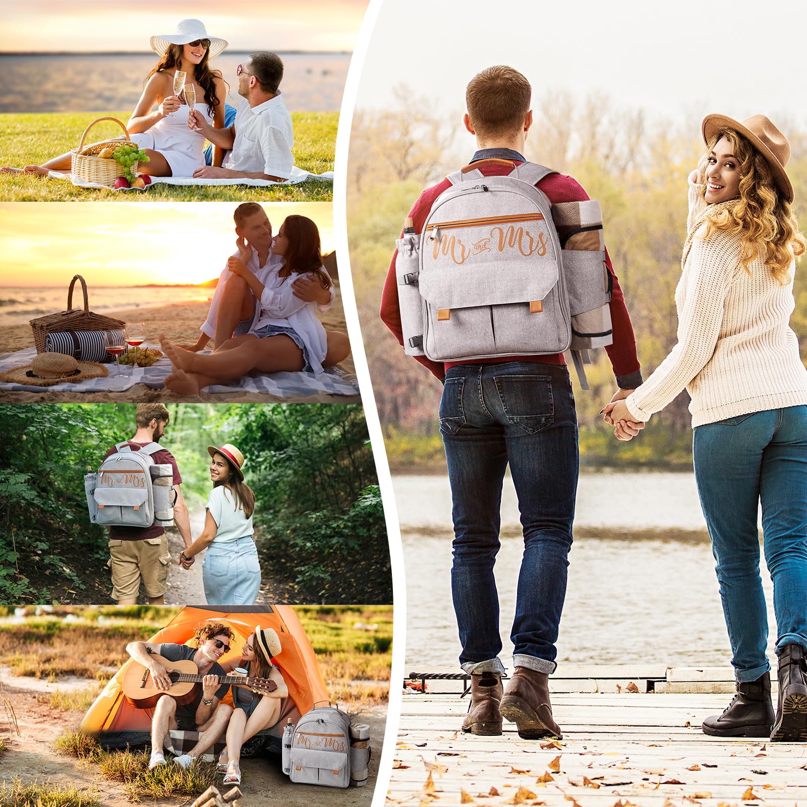 22L Insulated Picnic Basket Soft Camping Cooler Leak Proof Backpack for 2, Gray, Cool Bridal Shower Gifts for Bride Engagement Wedding Gifts, Anniversary Mr & Mrs Gifts for Newly Engaged Couples