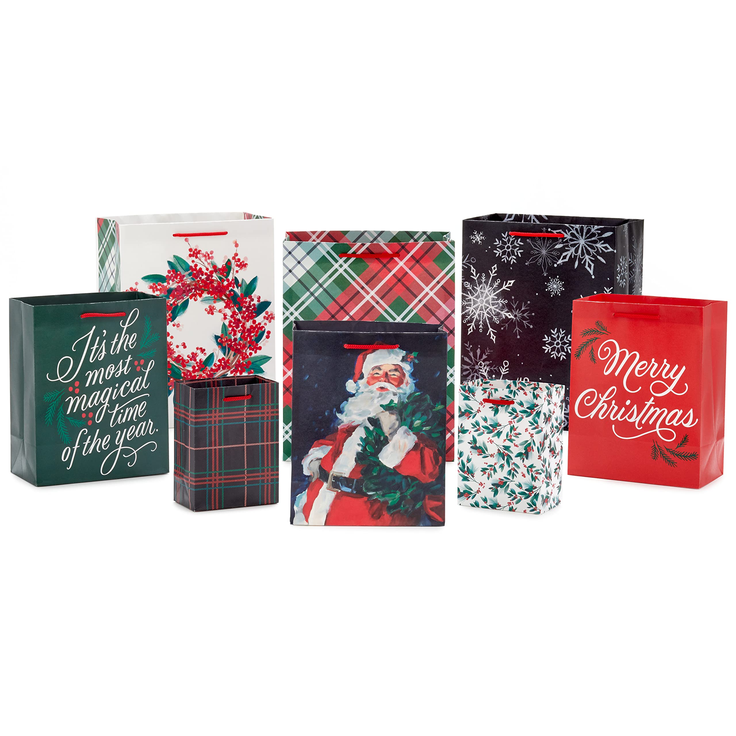 Hallmark Assorted Christmas Gift Bag Bundle (8 Bags: 2 Small 5", 3 Medium 8", 3 Large 11") Classic Santa, Black and Red Plaid, Snowflakes, Holly