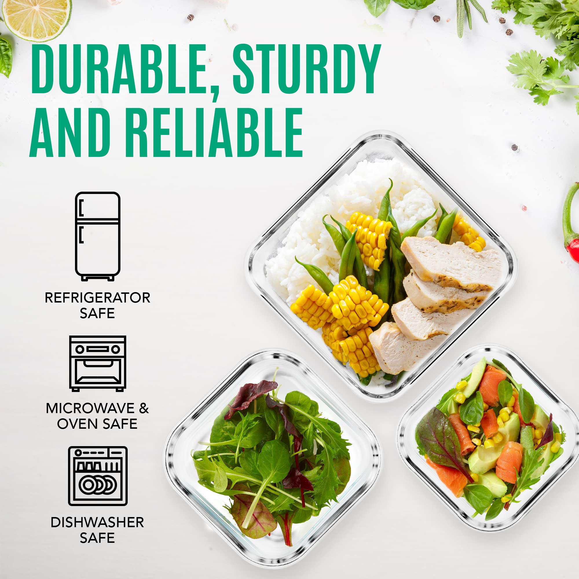 Razab 6 PC Square Glass Food Storage Containers with Airtight lids (74, 40 & 27 oz) Kitchen Glass Meal Prep Containers Set for Freezer Reusable Leftover Lunch Boxes, Oven, Microwave, Dishwasher Safe