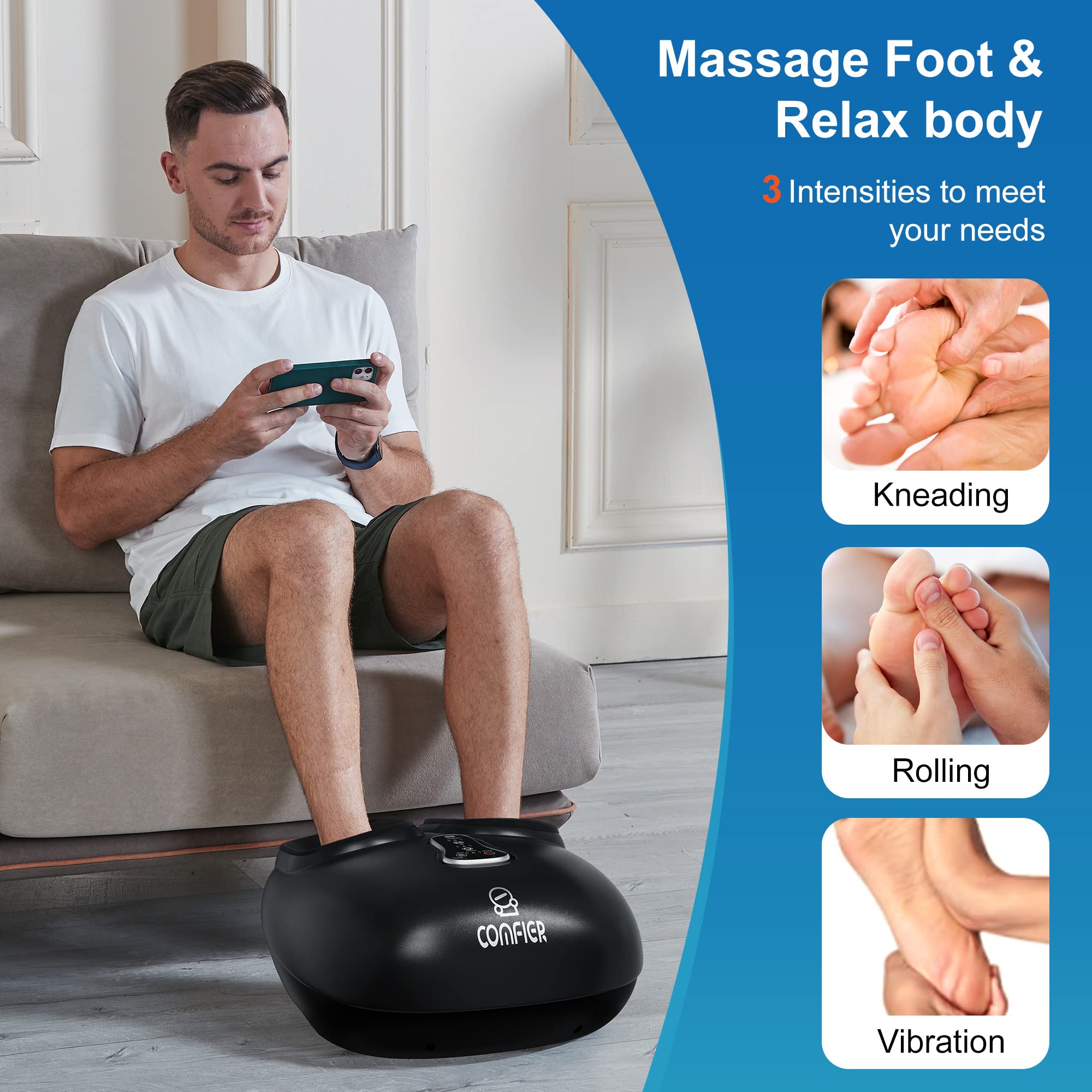 COMFIER Shiatsu Foot Massager with Heat, Vibration,Rolling Compression Feet Massager Machine,Gifts for Her,Him Fits Size up to 13“ Multiple Modes