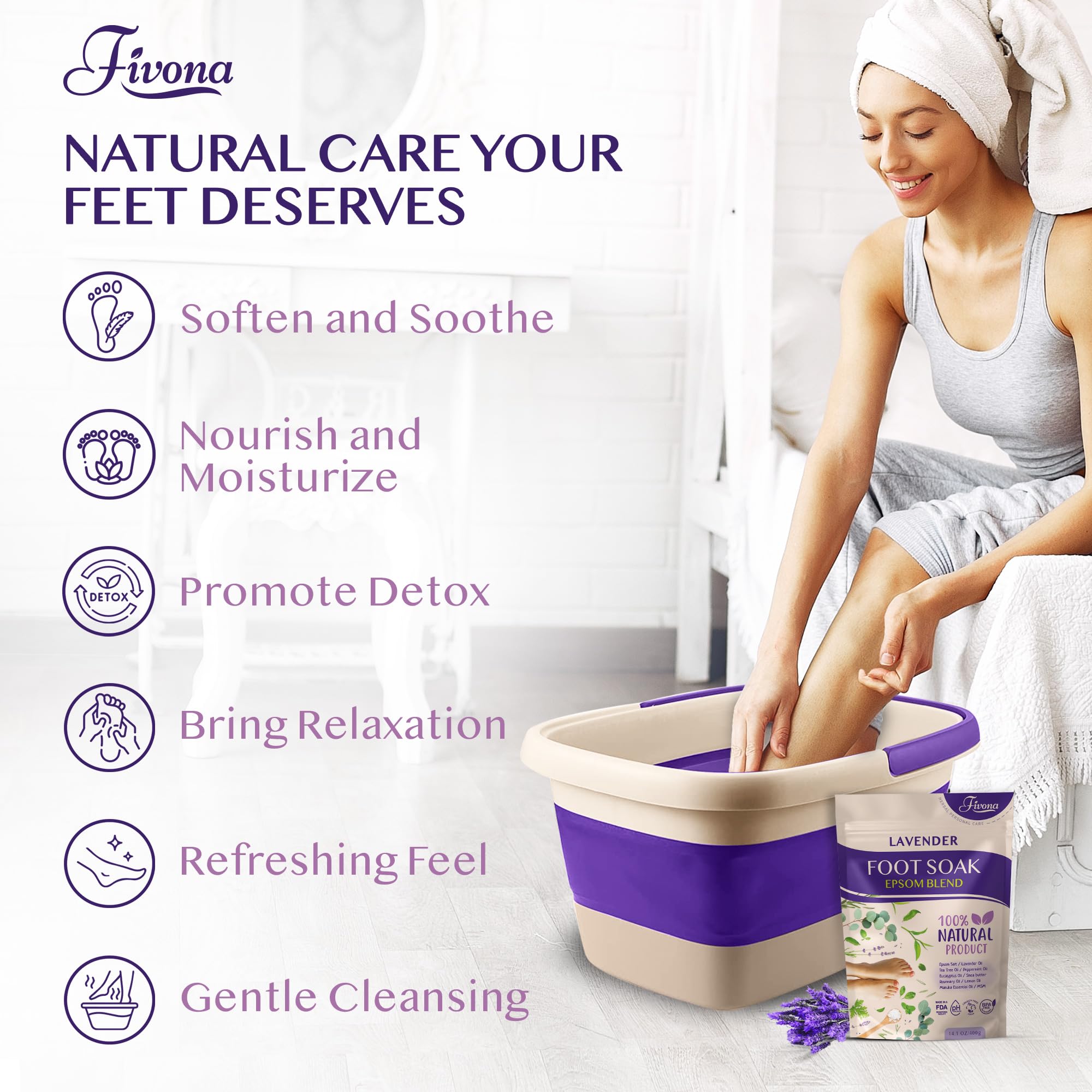 Fivona Foot Care Kit 2 in 1 - Foot Soak Blend with Epsom Salt, Lavender and Essential Oils - Expandable Foot Soak Basin - Pedicure Spa Soak for Tired Feet, Cracked Heels, Stubborn Foot Calluses