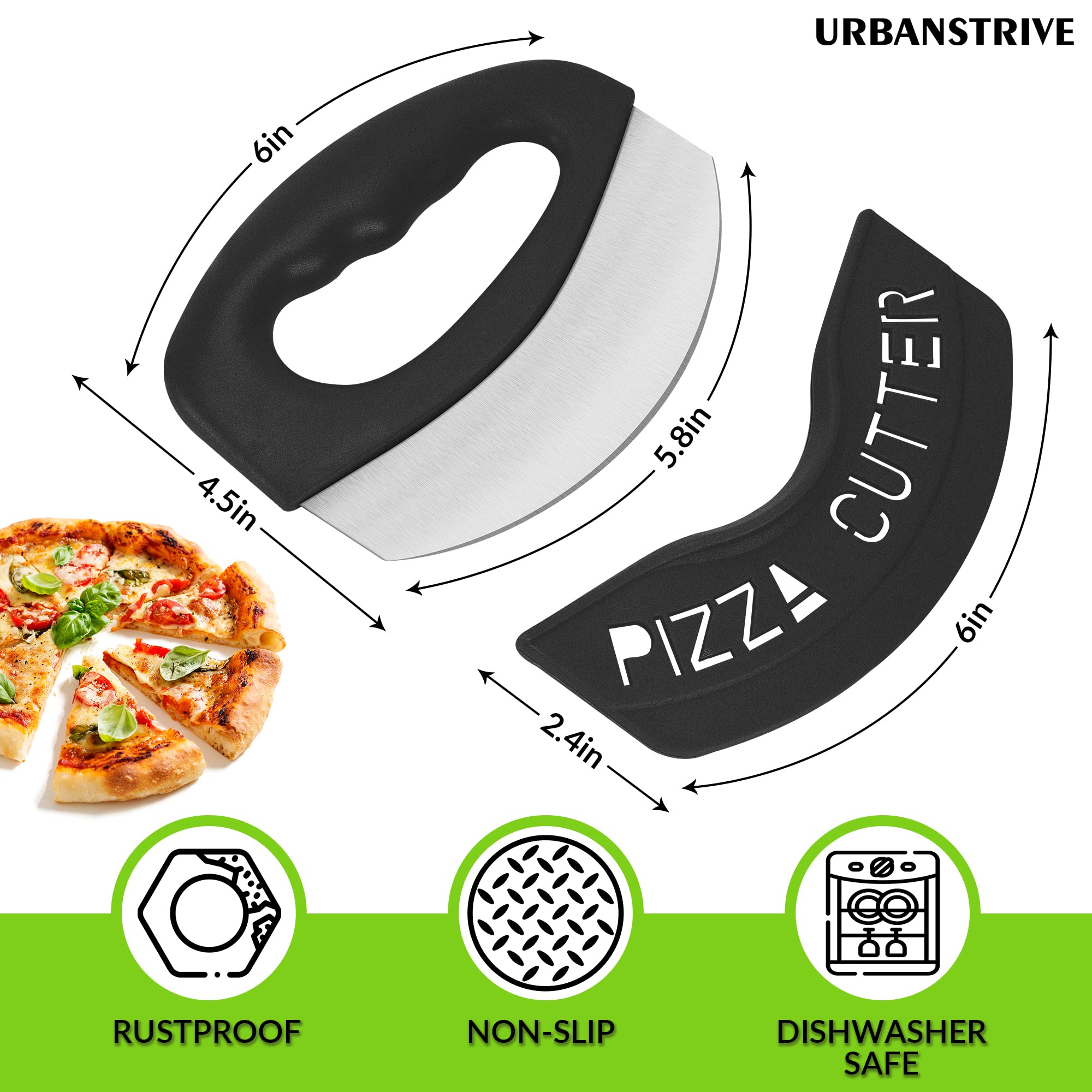 Urbanstrive Heavy Duty Stainless Steel Pizza Cutter with Cover, Super Sharp Blade Pizza Knife Pizza Cutter Rocker, Perfect Kitchen Gadgets for Pizza Cutting Home Essentials, Black