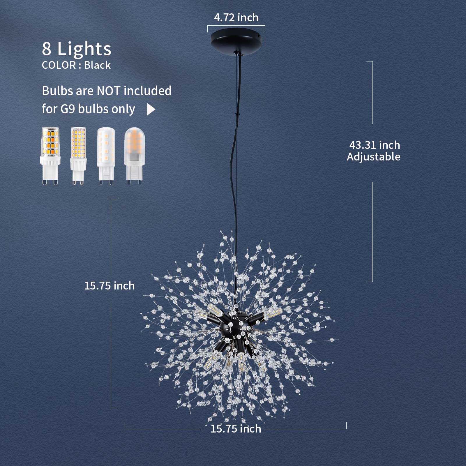 CM MZY Modern Crystal Chandeliers Firework, Matt Black Dandelion Sputnik Ceiling Light Fixtures, Sputnik Chandelier Pendant Light for Bedroom Living Room Dining Room Kitchen Island Hallway