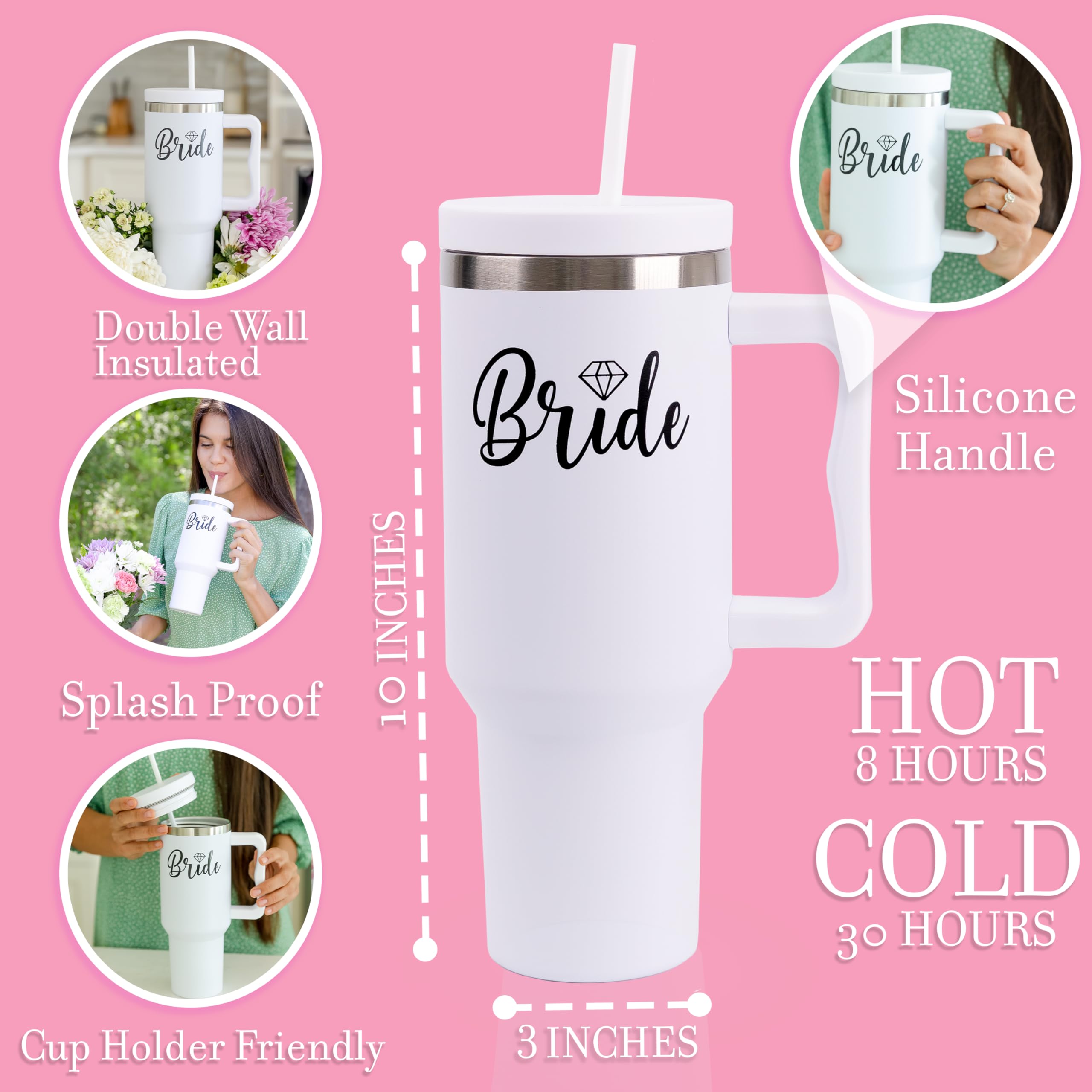 Hacienda Art & Home Bride's 40 Oz Tumbler with Handle and Straw - Insulated Stainless Steel Water Bottle Fits in Car Cup Holder - Bachelorette Gift, Bridal Shower Gift (Bride White)