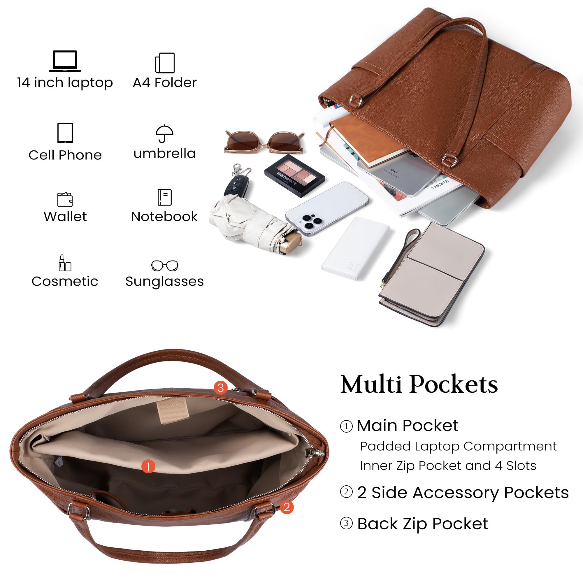 befen Soft Genuine Leather Tote Bag for Women, Ladies Work Purses Totes Bags Shoulder Handbag Purse with Compartments Cognac Brown
