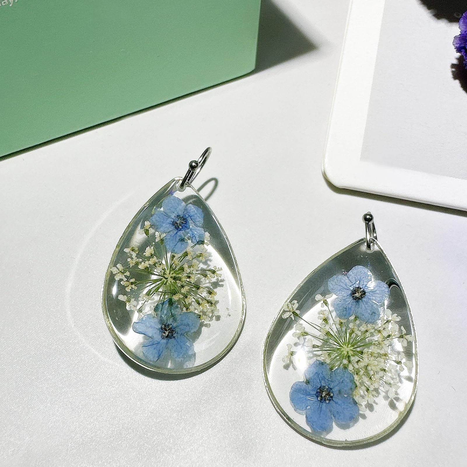 Forget-Me-Not Handmade Pressed Flower Earrings,Symbol Of Love And Innocence,Perfect For Your Birthday Party,Christmas,Gift Giving(Silver)